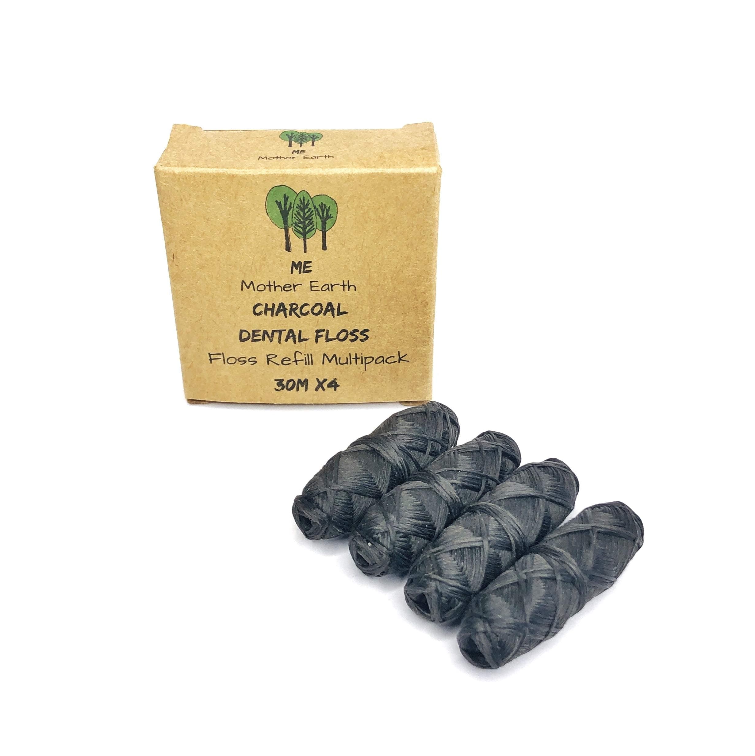 Vegan Biodegradable Bamboo Charcoal Dental Floss Refill Refill | Natural Candelilla Wax | 30M x4 | Peppermint Essential Oil | Eco Friendly Zero Waste Oral Care | 4 Pack