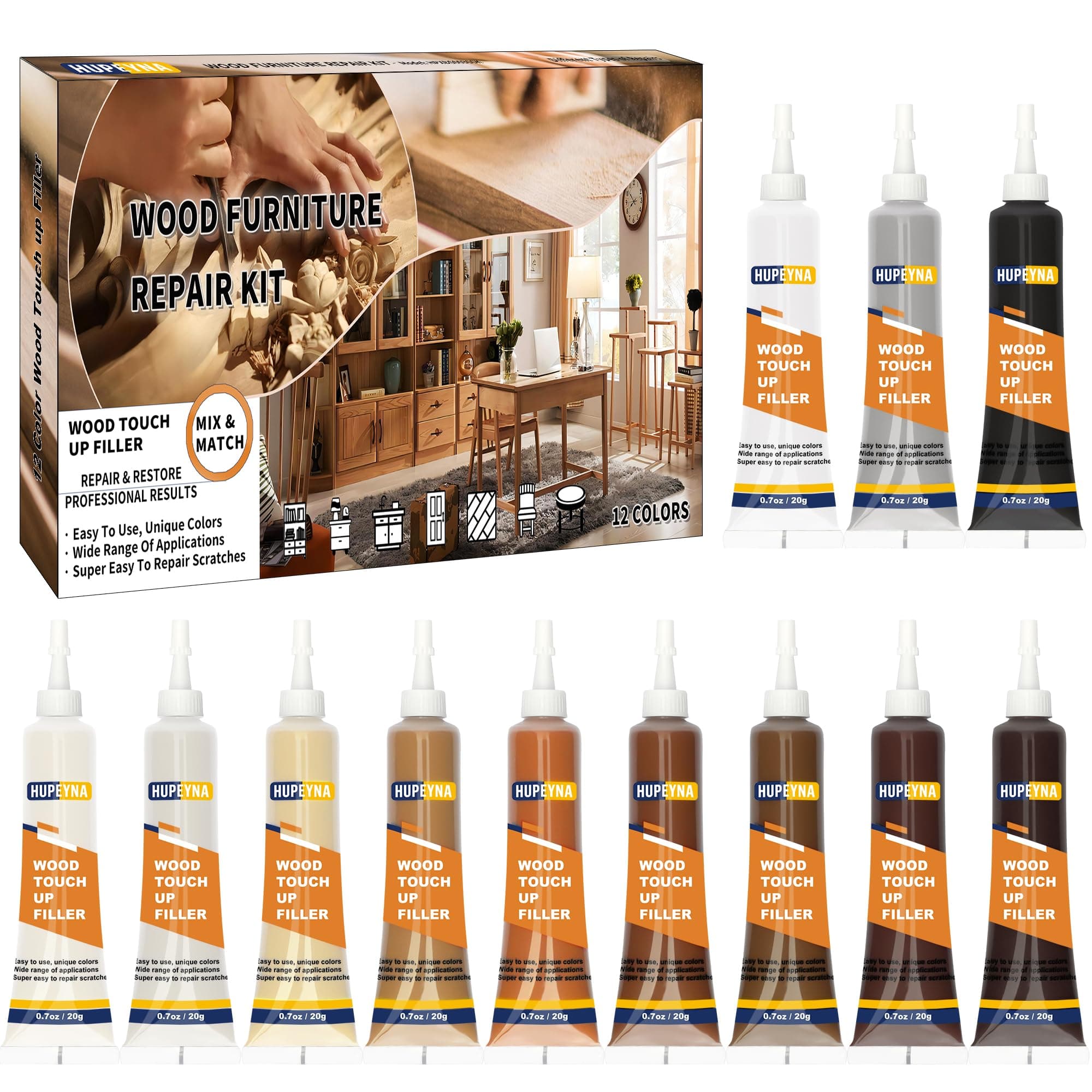 Wood Repair Kit, 12 Colour Wood Fillers, Furniture Repair Kit, Repair Scratch, Cracks, Stains, Discoloration for Wood Furniture, Door, Cabinet, Floor, Table Surface Wood Touch up Filler Wood Paint