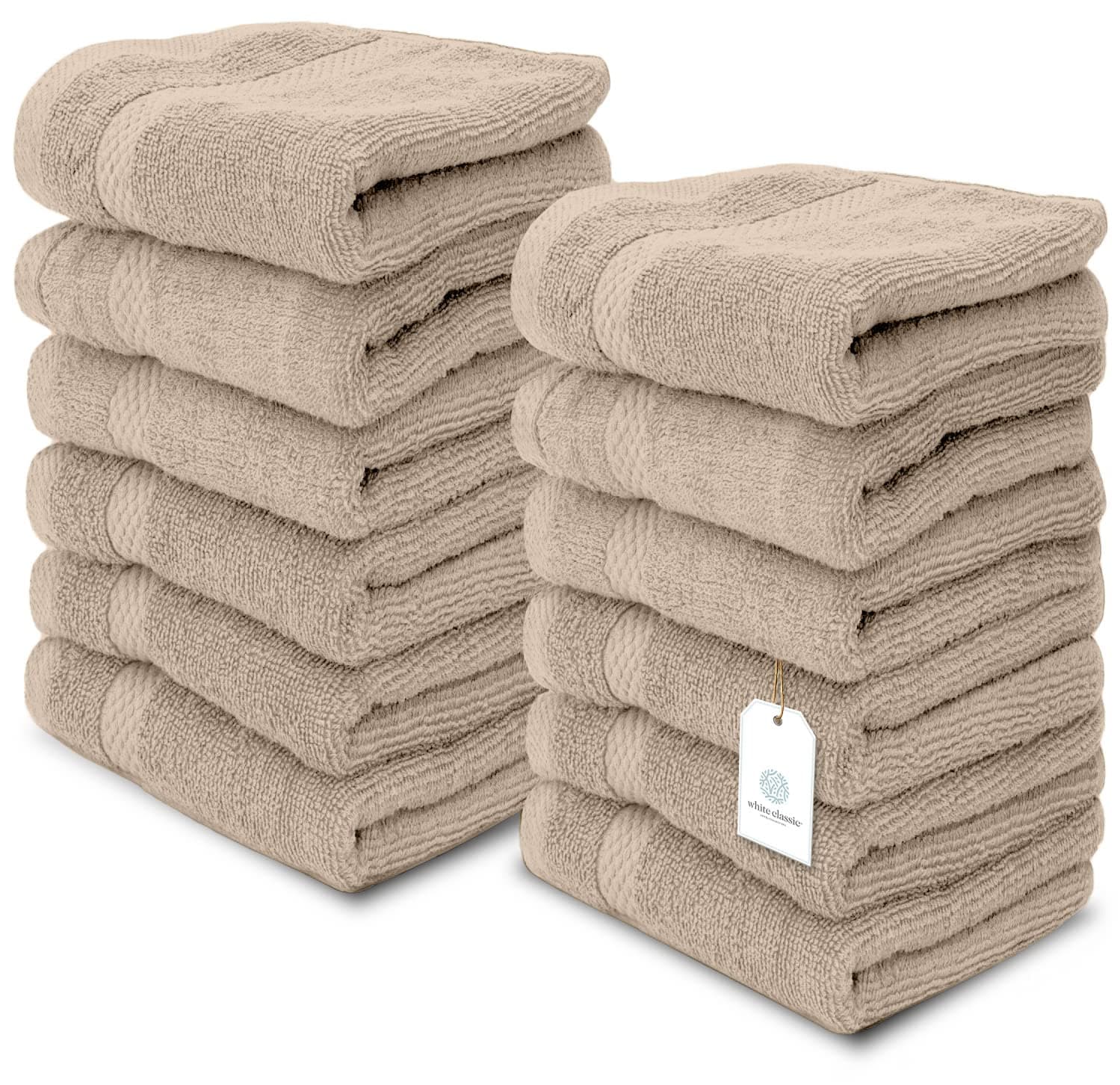 White Classic Luxury Washcloths for Bathroom-Hotel-Spa-Kitchen-Set - Circlet Egyptian Cotton - Highly Absorbent Hotel Quality Face Towels - Bulk Set of 12-13x13 Inch (Taupe)