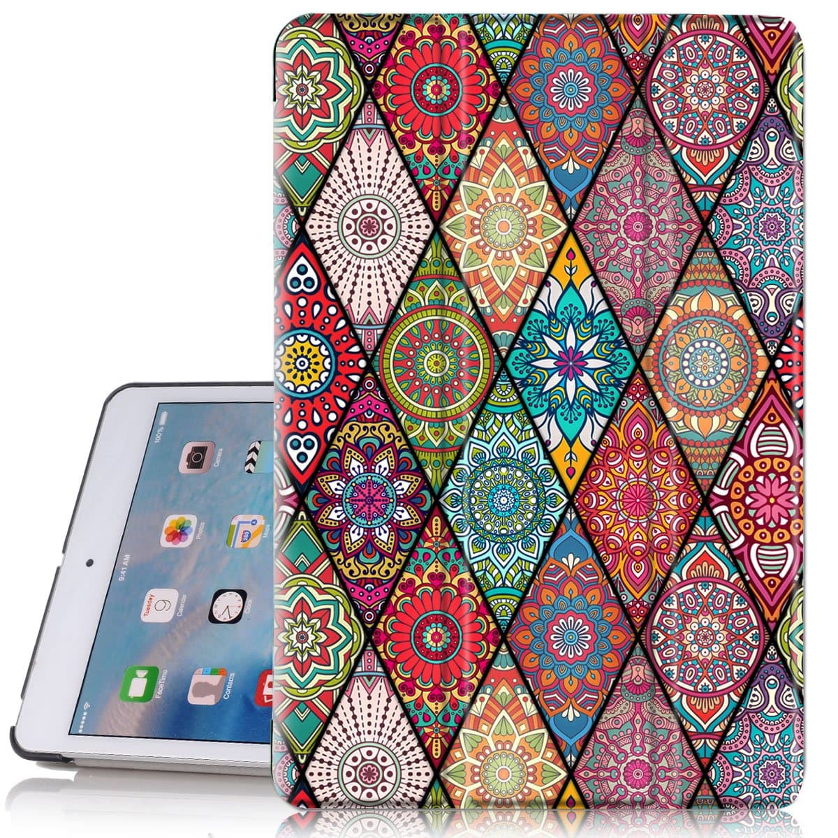 Hocase iPad mini 2 Case, iPad mini 3 Case, PU Leather Folio Smart Case w/Unique Flower Design, Auto Sleep/Wake Feature, Microfiber Lining Hard Back Cover for iPad mini 1/2/3 - Mandala Floral