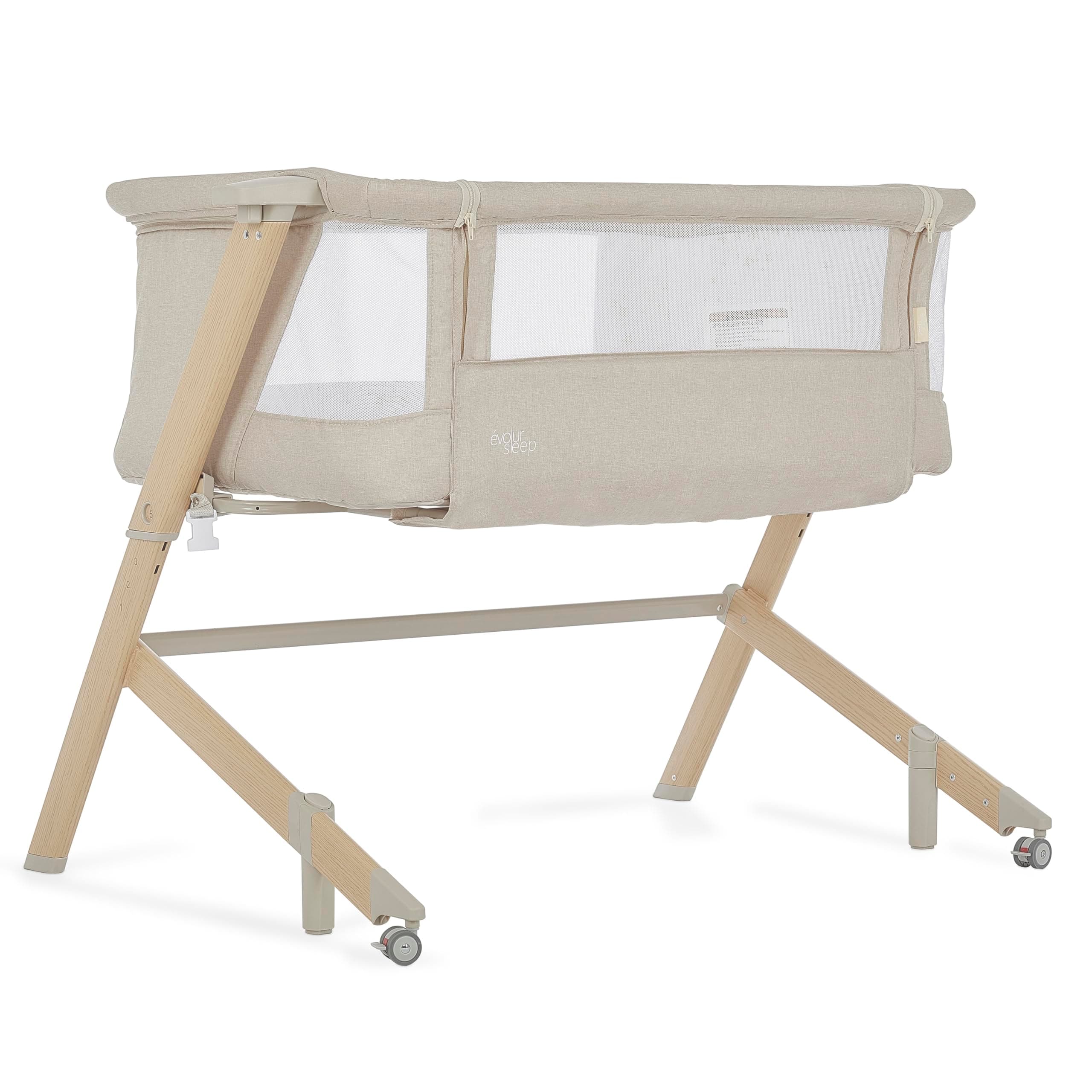 Evolur Stellar Bassinet and Bedside Sleeper, Adjustable Heights, Breathable Mesh Sides, Plush Mattress Pad, Wheels with Safety Locks & Tool-Free Assembly, Compact Fold & Travel Bag - Beige