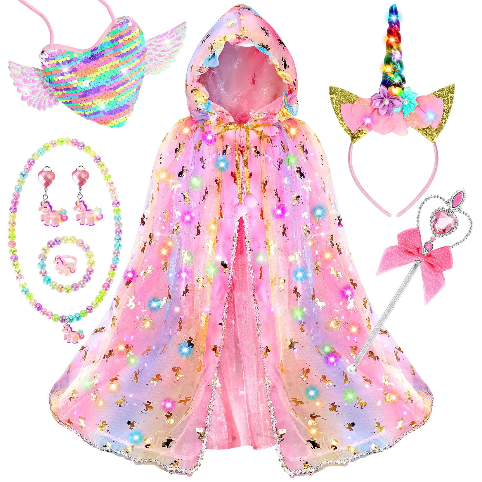 Fedio Princess Dress up for Girls,Unicorn Light up Princess Cape Set,Light up Princess Dress with Unicorn Toys for Girls 3-8