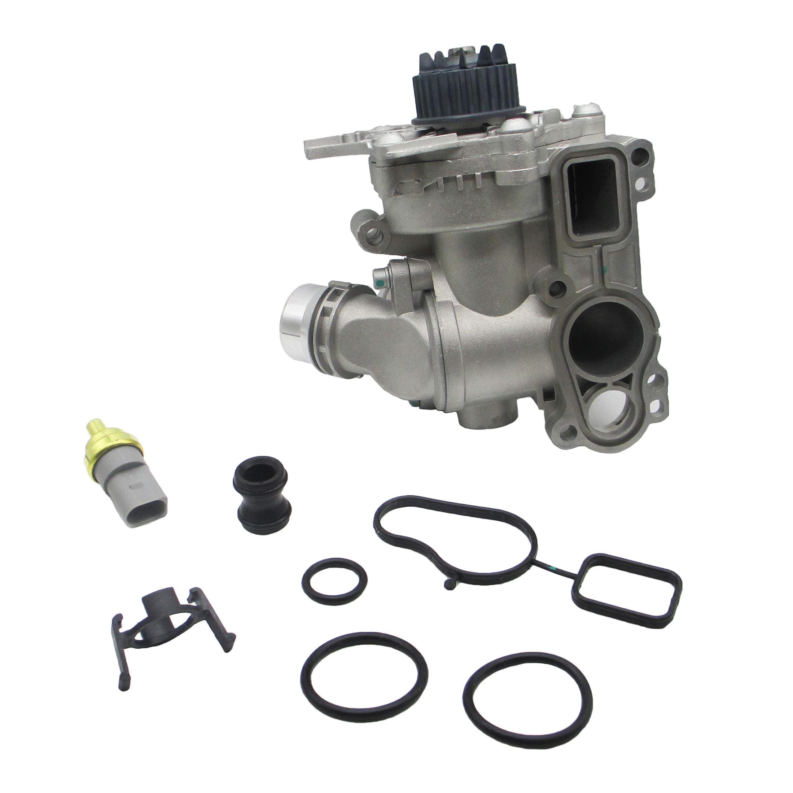 Water Pump Assembly With Temp Sensor + Drive Belt + Union compatible with Golf GTI Jetta Passat Tiguan CC A4 2.0T TSI