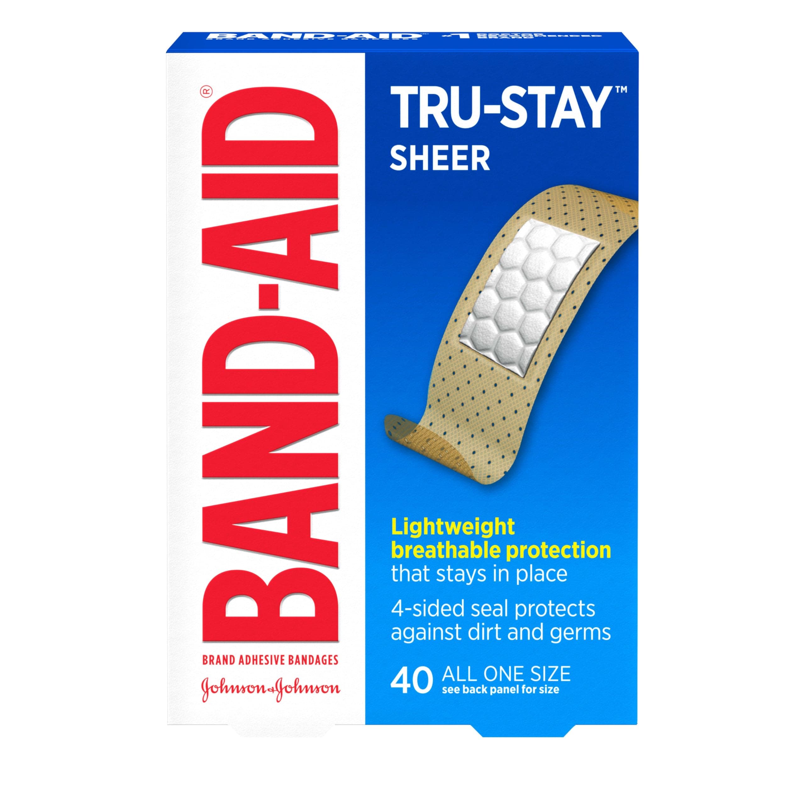Band-Aid Brand Tru-Stay Sheer Strips Adhesive Sterile Bandages for First Aid & Wound Protection, Individually Wrapped Wound Care Bandages for Minor Cuts & Scrapes, All One Size, 40 ct
