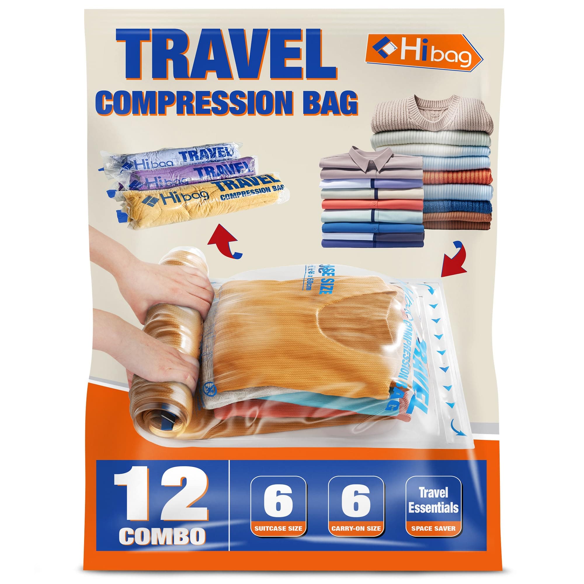 HIBAG 12 Compression Bags, Roll-Up Space Saver Storage for Travel, Suitcase Size (12-Pack)
