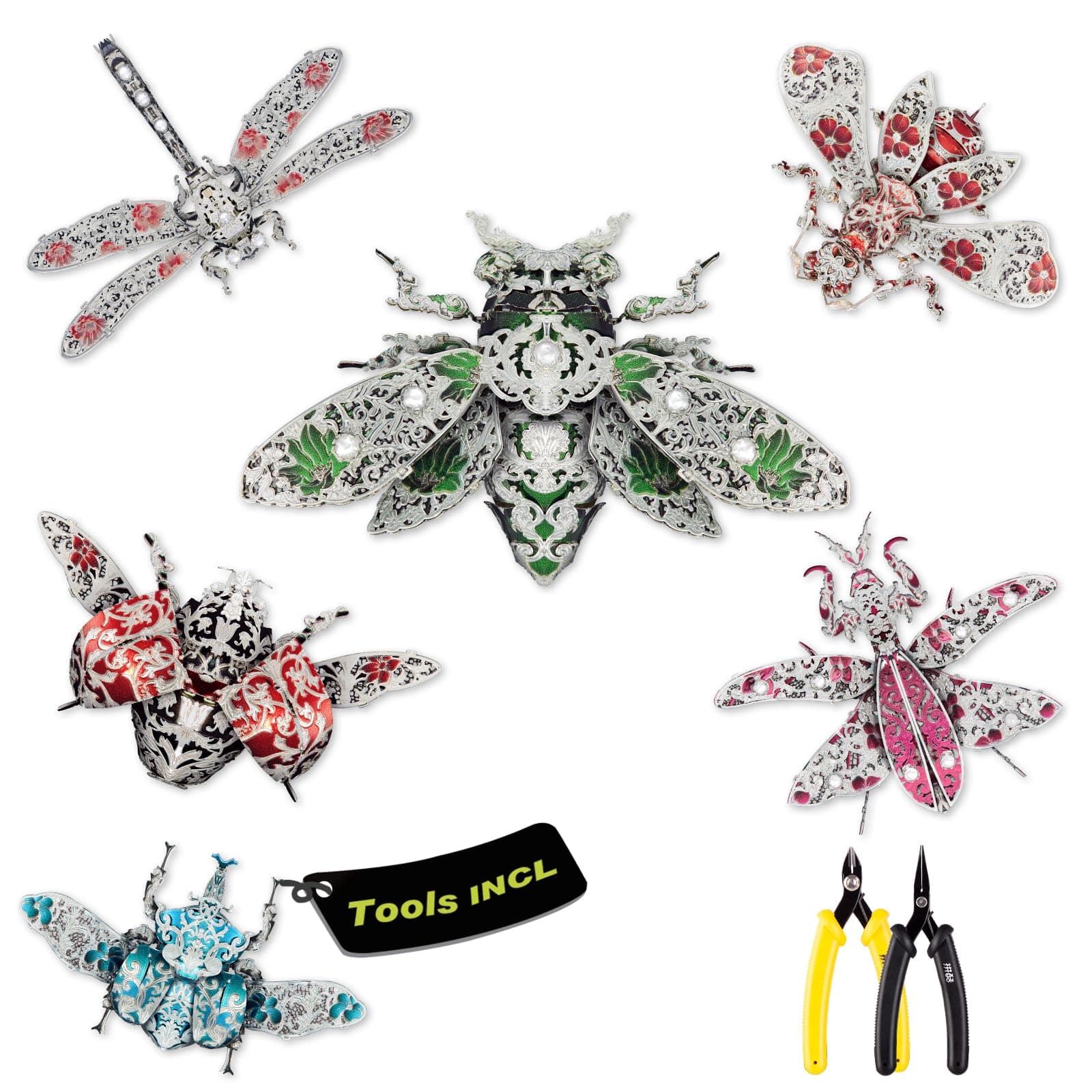 3D Puzzles for Adults, 6pcs/Lots Insect Themed Brooches Metal Models Building Kits, Interesting Assembling Crafts Set with Tools for Beginners, Great Gifts