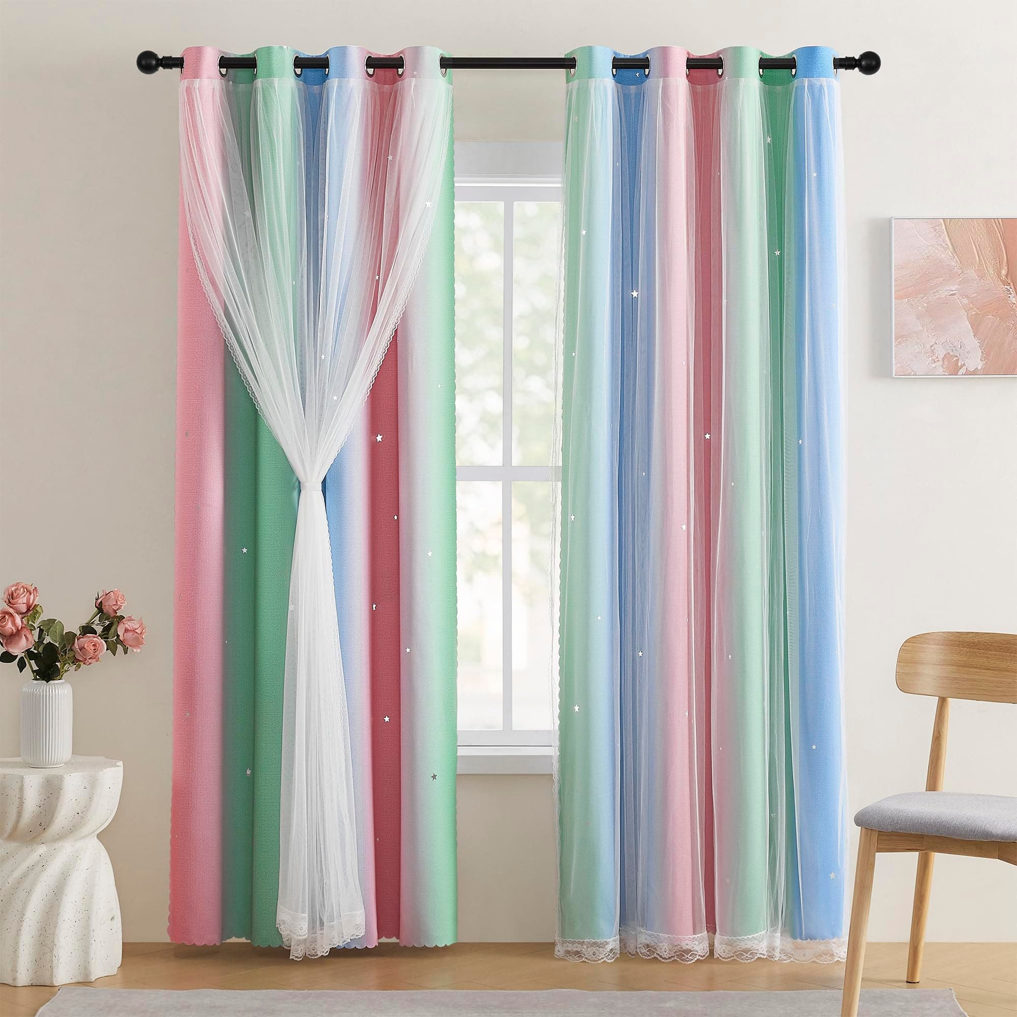 XiDi Pink & Rainbow Curtains for Kids & Girl Bedrooms - Blackout, Unicorn Wall Decals, 52x63 Inch