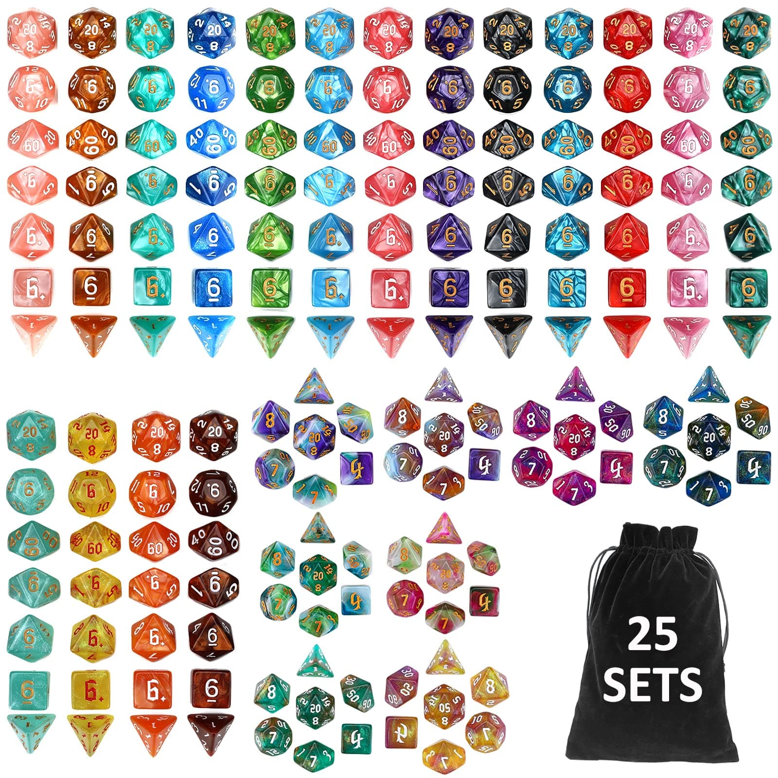 DND Dice Set, 25 X 7 (175 Pieces) Polyhedral D&D Dice Set Three-Color, Two-Color and Monochrome Dice for Dungeons and Dragons with 1 Black Bags