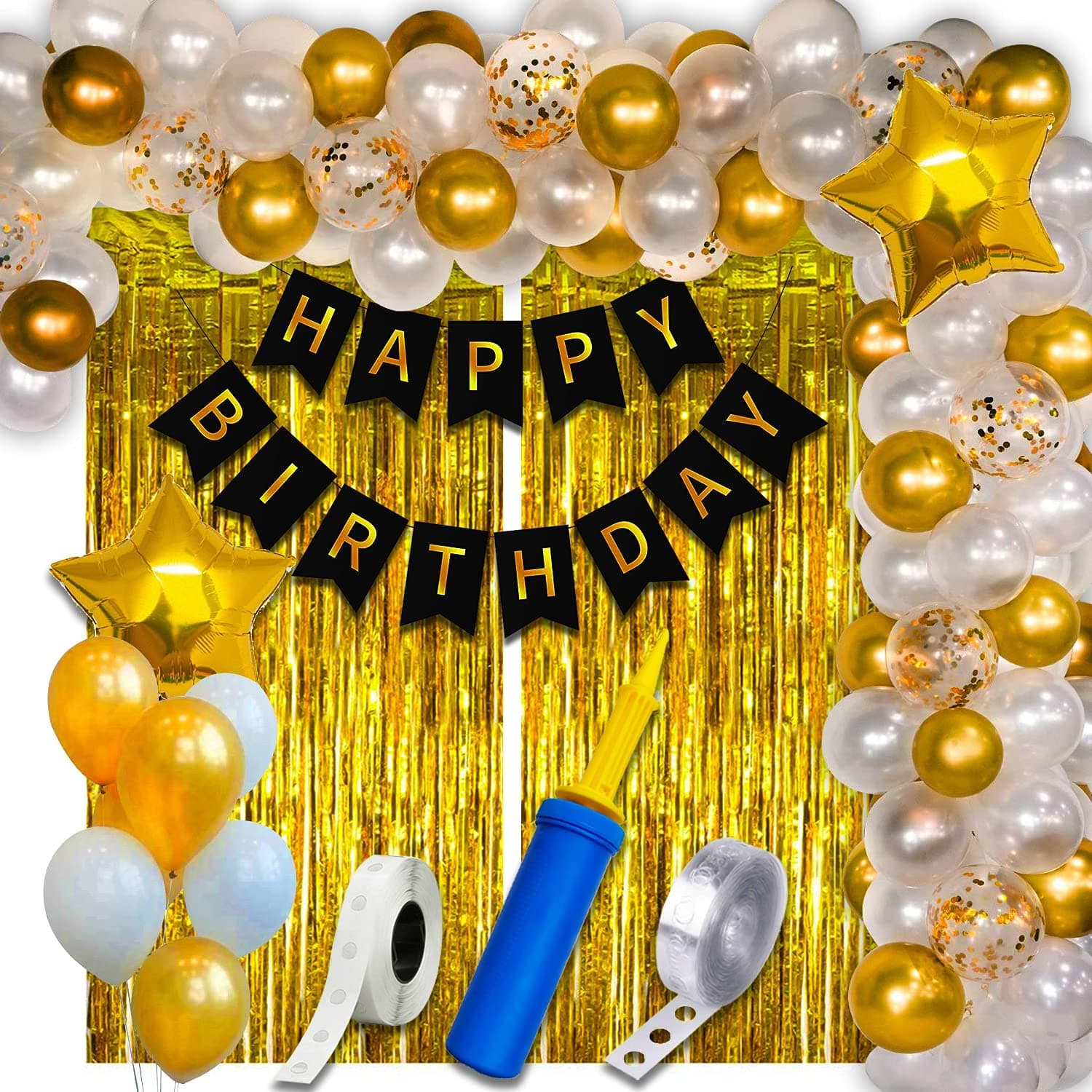 Party Propz Happy Birthday Decoration Kit - 63 Pcs, Happy Bday Decorations for Kids, Adults, Birthday Decoration Kit for Boys, Bday Decorations For Girls, Balloons Confetti Golden White