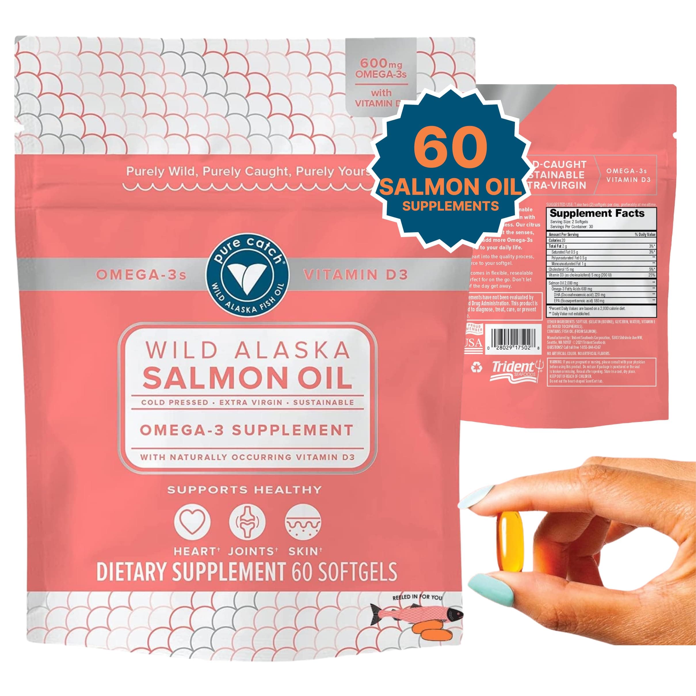 Trident SeafoodsPure Catch Wild Alaskan Fish Oil for Women + Vitamin D3 - Omega-3 Salmon Fish Oil Supplement - EPA and DHA - 60 Count Daily Citrus Soft Gel - Joint Support, Skin, and Heart Health