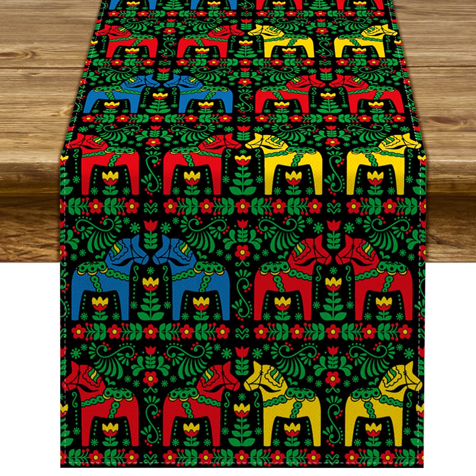 Nepnuser Swedish Dala Horse Folk Table Runner Ethnic Classic Floral Decoration Rustic Home Kitchen Dining Room Decor-72inches