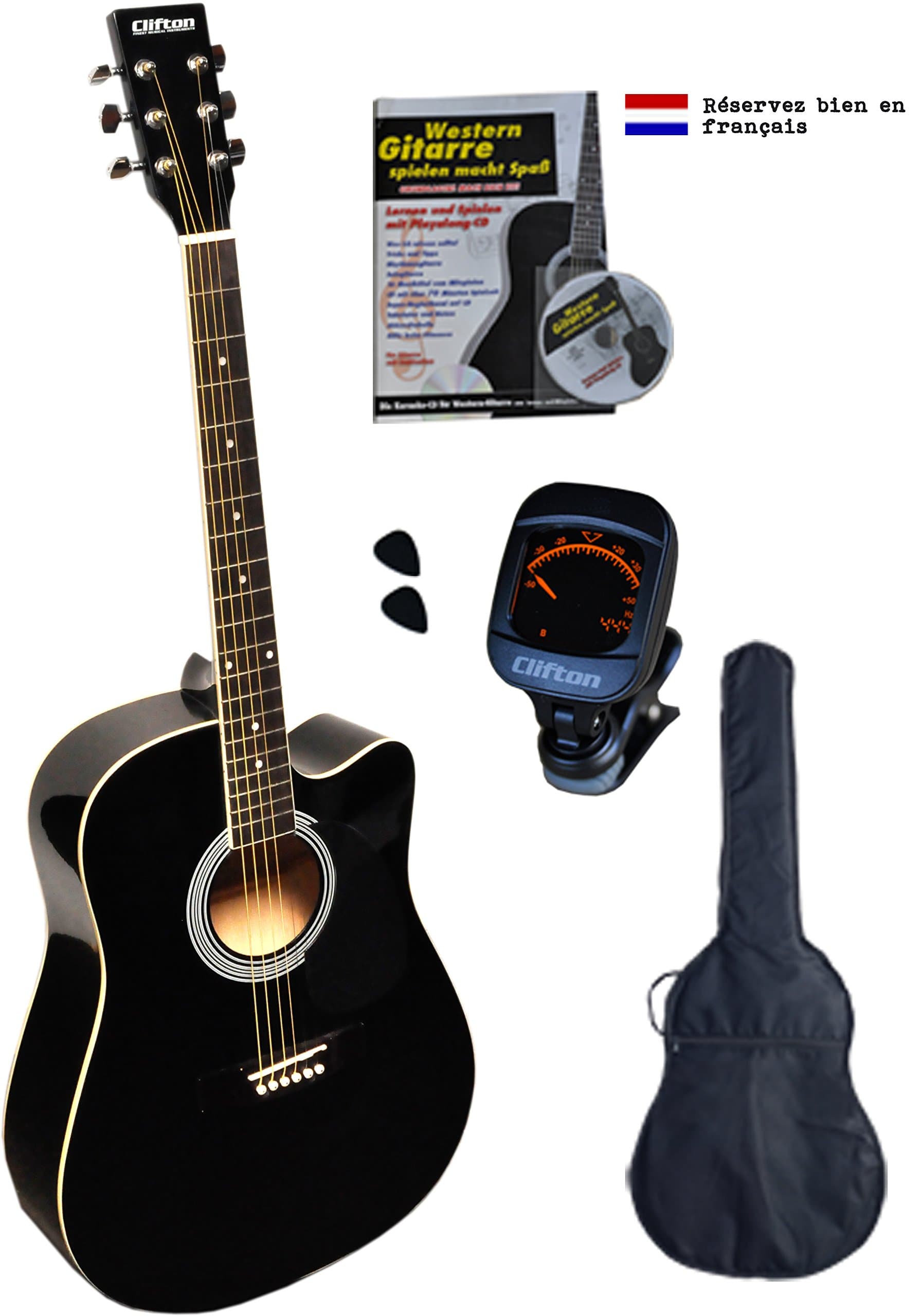 Clifton western guitar, black cutaway, rosewood fretboard, incl. padded bag, book karaoke CD, digital tuner and 2 picks
