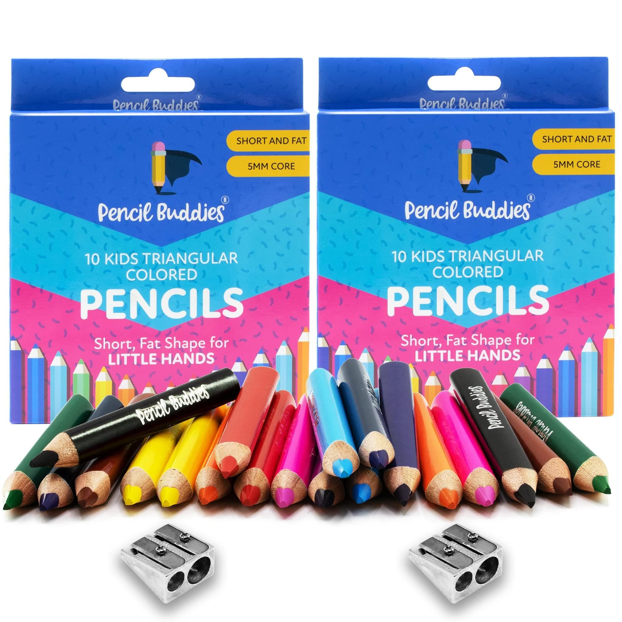 Color Pencils Set For Kids (2 Sets) - Short Fat Triangle Pencils for Kids Ages 2-7 - Jumbo Pencils for Preschoolers, Kindergarten, Toddlers, Beginners - Triangular Colored Pencils Sets With Sharpeners