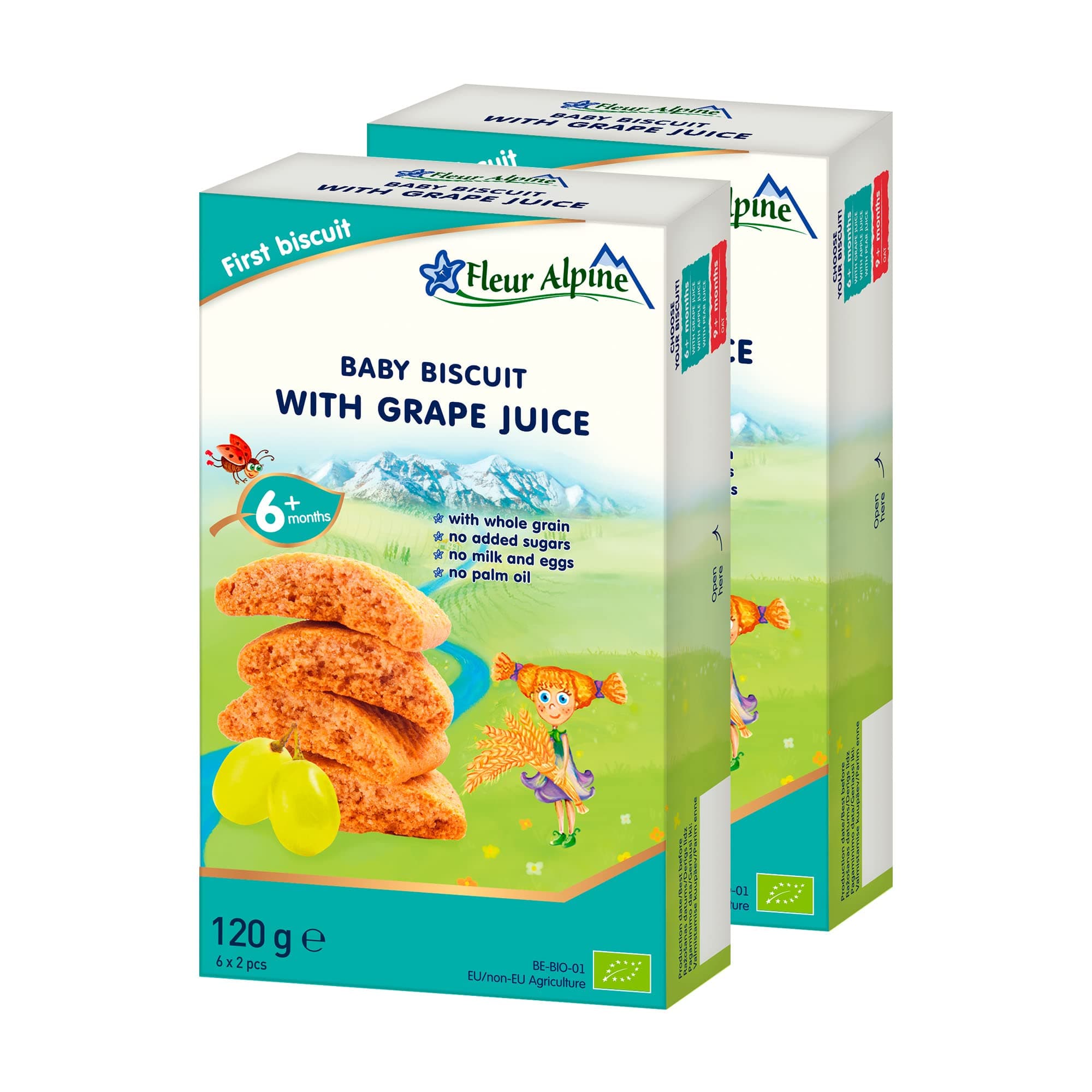 Fleur Alpine Baby Biscuits with Grape Juice - 12x2 Yummy Organic Baby Snacks for Delicious Smooth Breakfast Porridge Or Daytime Snack | Easy Whole Grain Snack Biscuits with No Added Sugar | 6 Mths