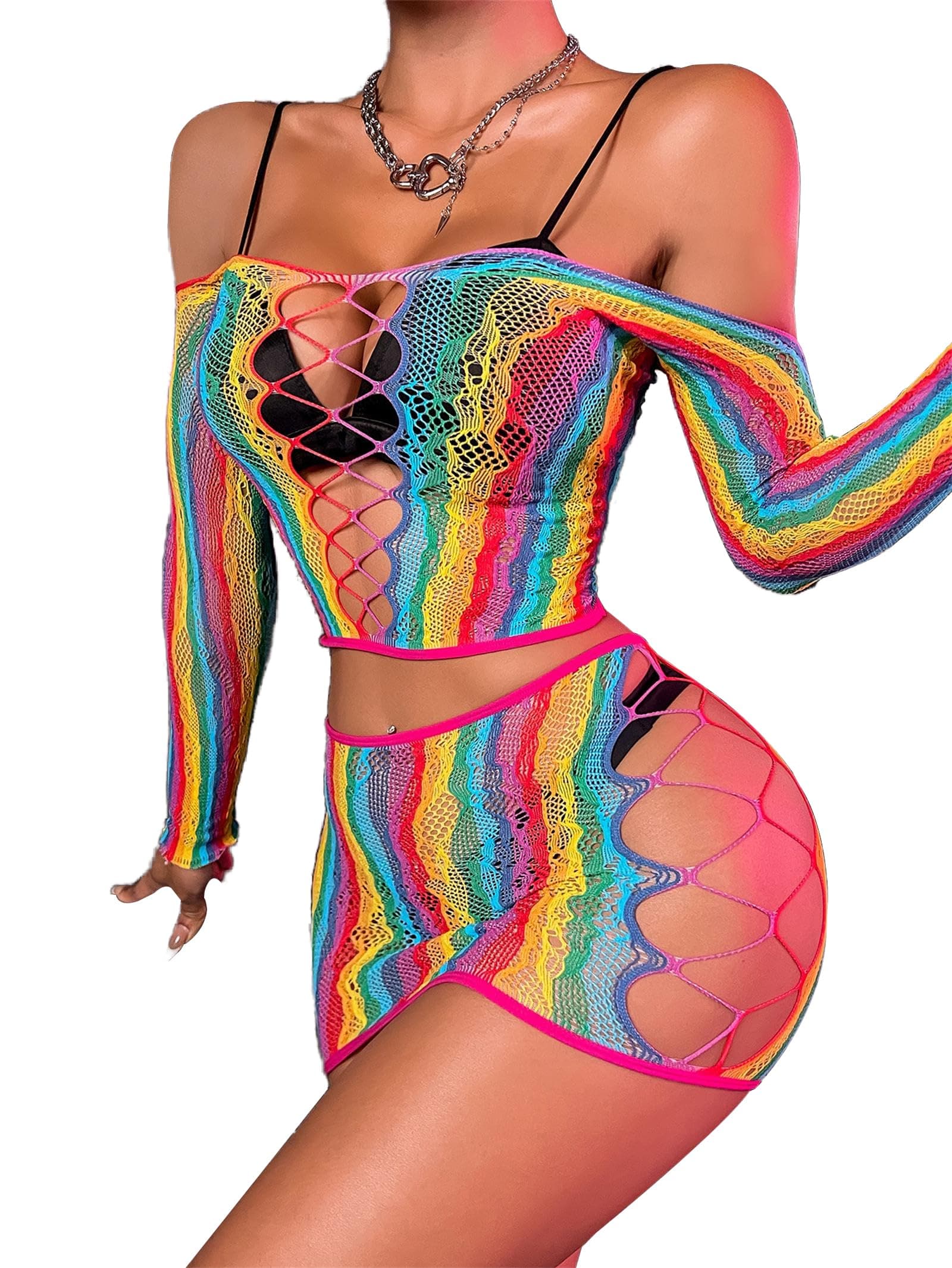 Women Sexy Cosplay Colorful Rainbow Striped Fishnet Mini Dress Bodysuit Teddy Babydoll