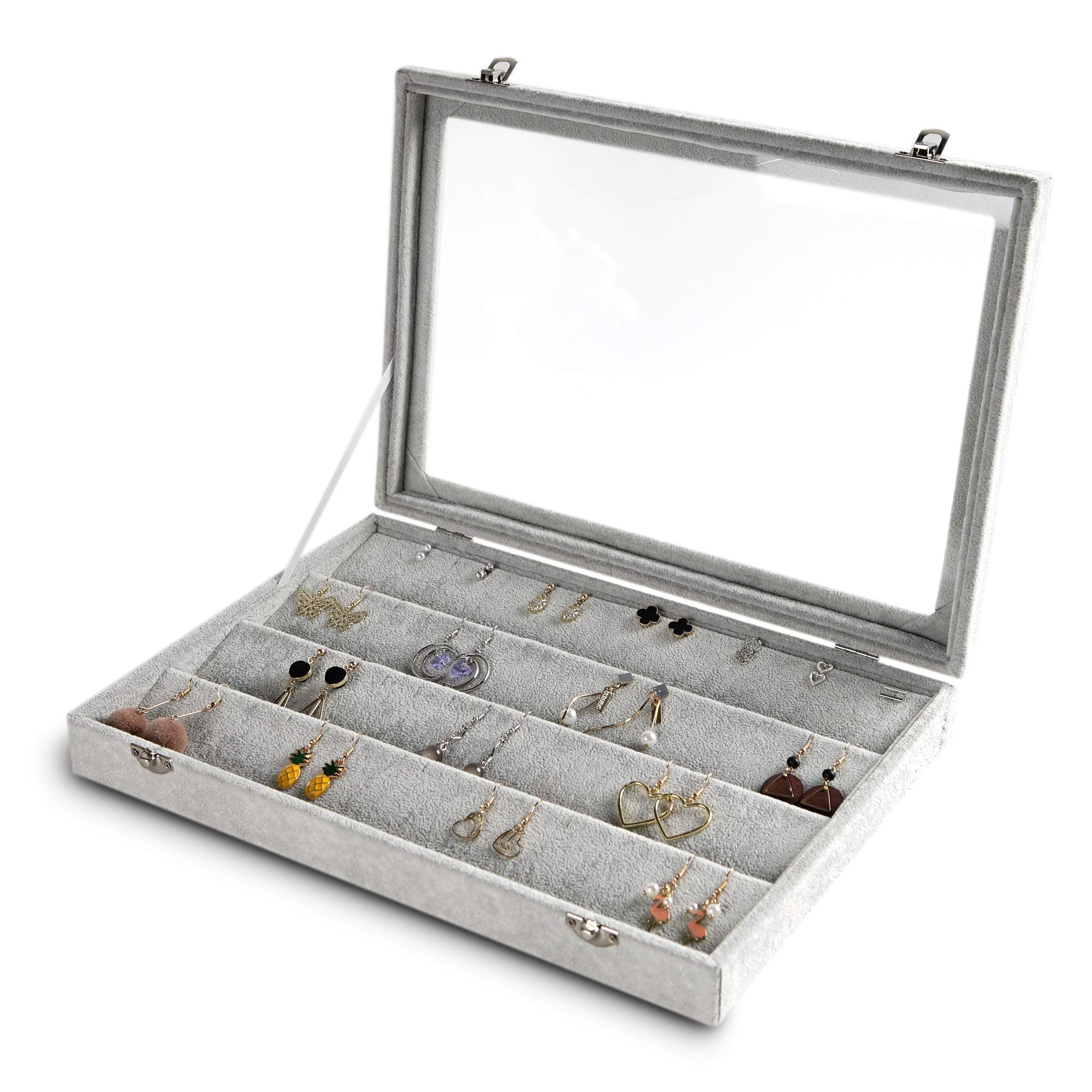 Frebeauty Earring Organizer Tray with Clear Lid 64 Slots Velvet Drawer Insert Earring Storage box with Transparent Glass lid Jewelry Display Case with lock Gifts for Girls Women (Grey, Earrings)