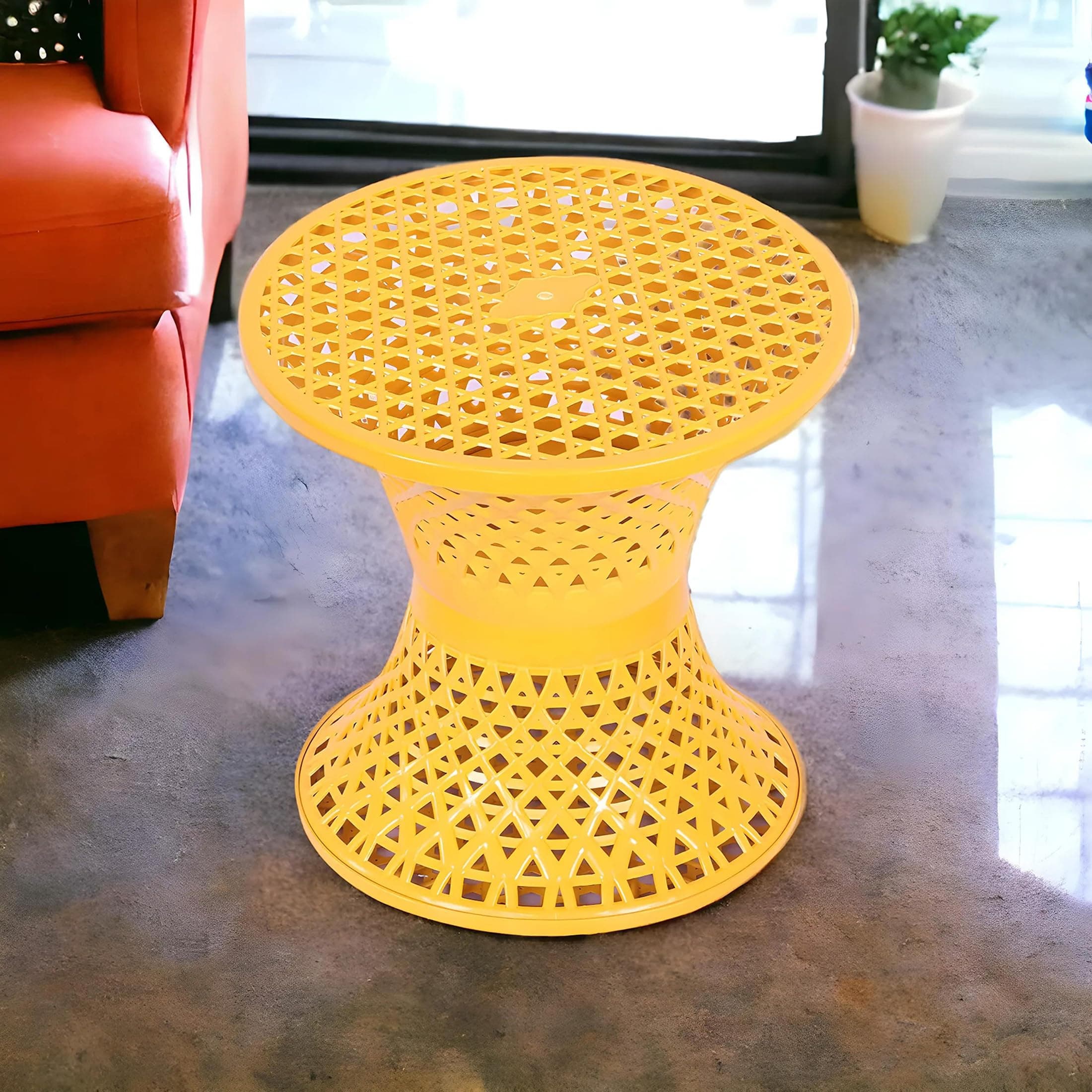 Kuber Industries Plastic Mesh Damroo Stool - Both Sided for Guestroom, Garden, Balcony - Yellow, 30cm, 32cm