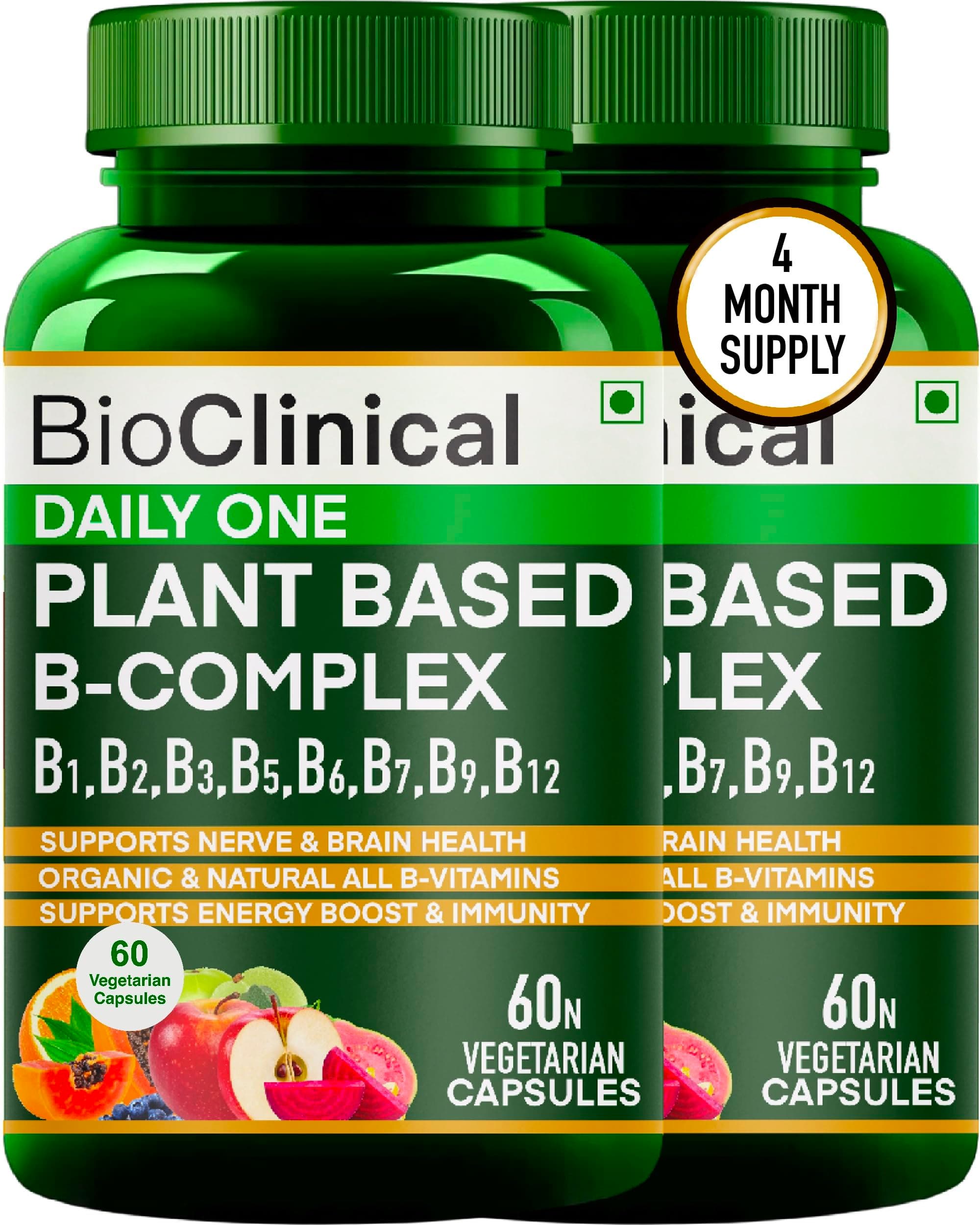 BioClinical Plant Based B Complex - Vitamin B12 Supplement B1,B2,B3,B5,B6,B7,B9 2Months Organic Vit B-12 for Men & Women - Natural Ayurvedic Rasayana -Act. Inlife , Nerve, Hair & Skin Health -60 Vegan Capsules