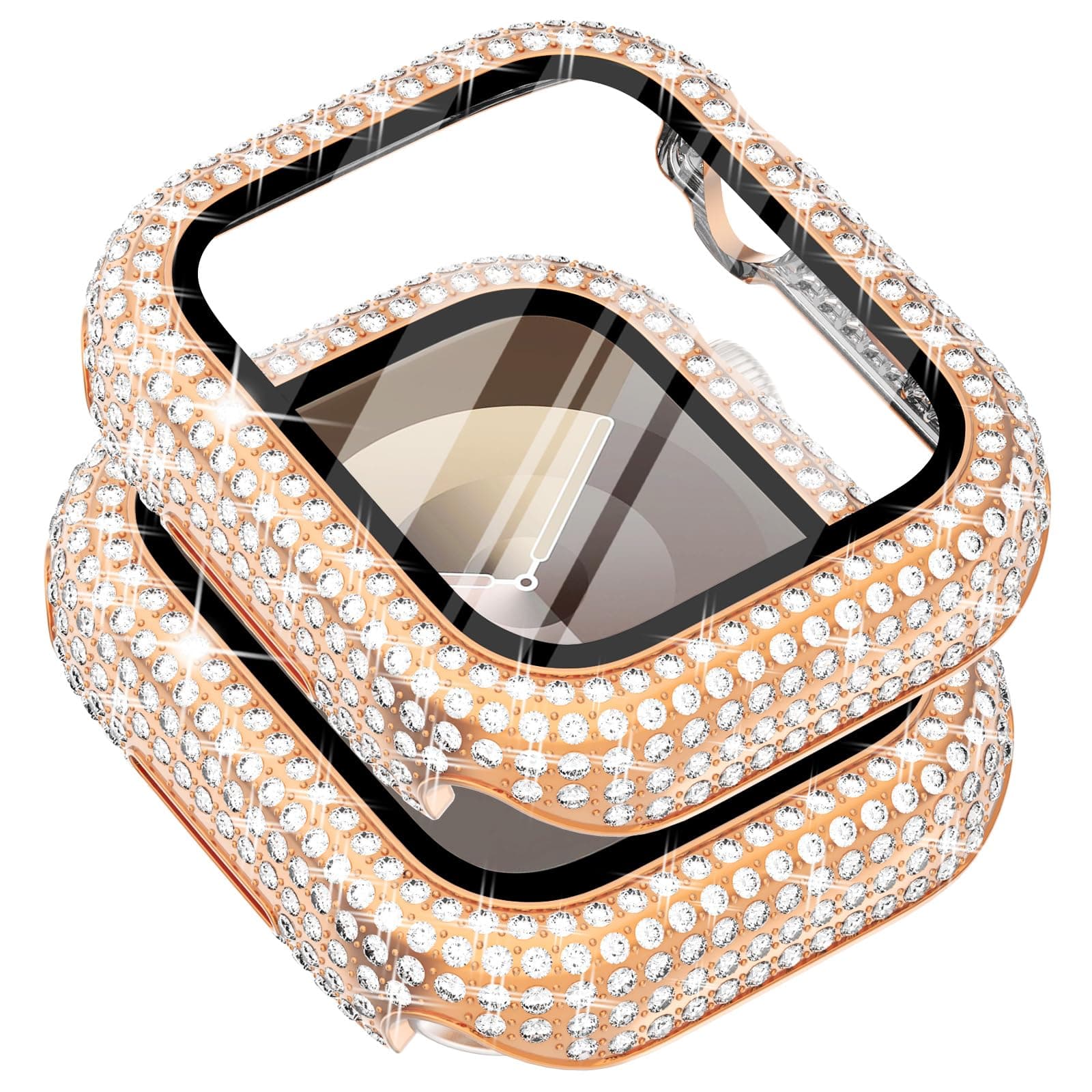 Surace 45mm Case Compatible with Apple Watch Series 9 Series 8 Series 7, 400 Diamonds with Screen Protector Bling Case Tempered Glass Protective Cover for Apple Watch 9 8 7 45mm, Rose Gold