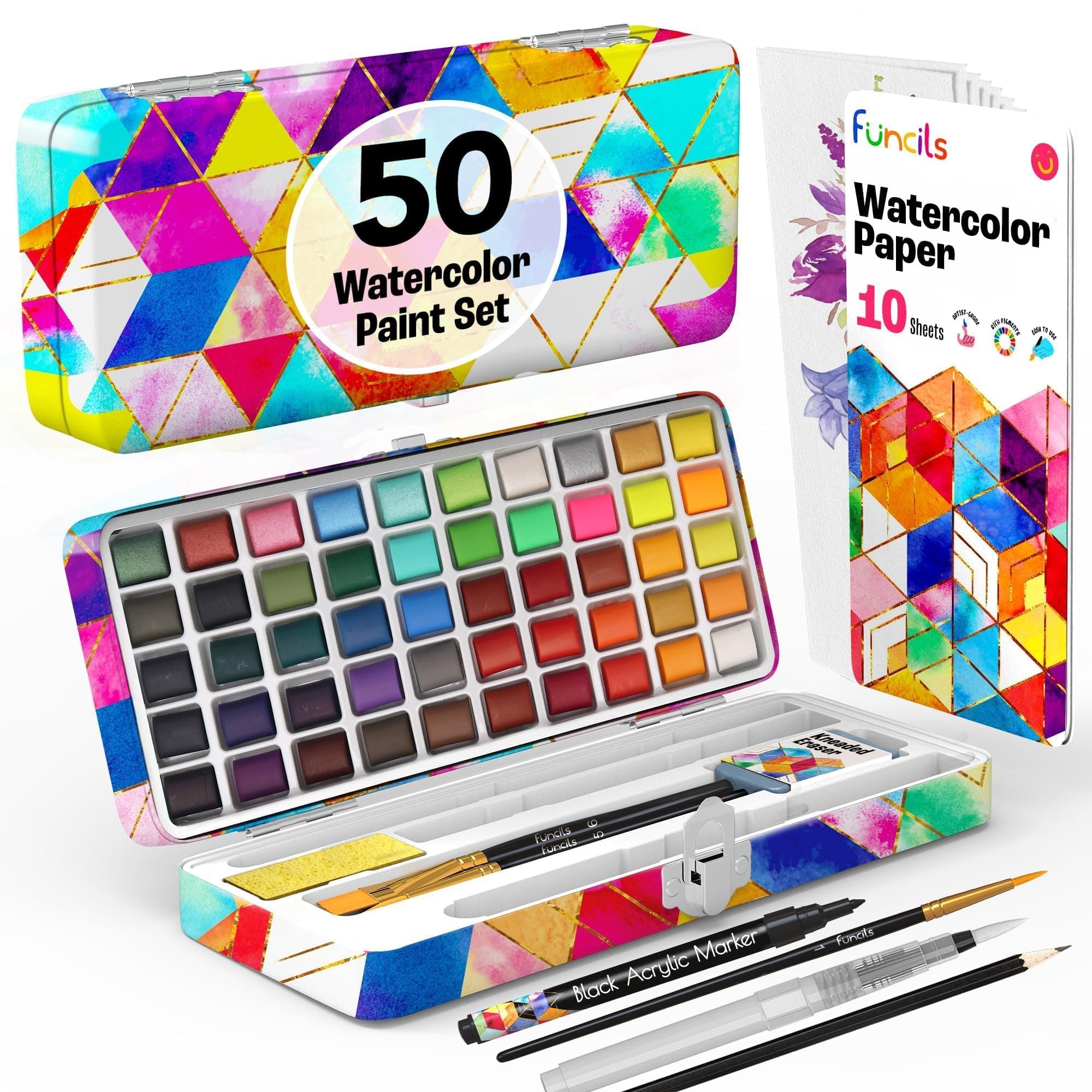 Watercolor Paint Set - 50 Travel Watercolors Set - Water Colors Paint for Adult, Kids, Beginners, Professional Artists | Watercolor Palette with Paper, Brush, Pen | Art Supplies for Adults