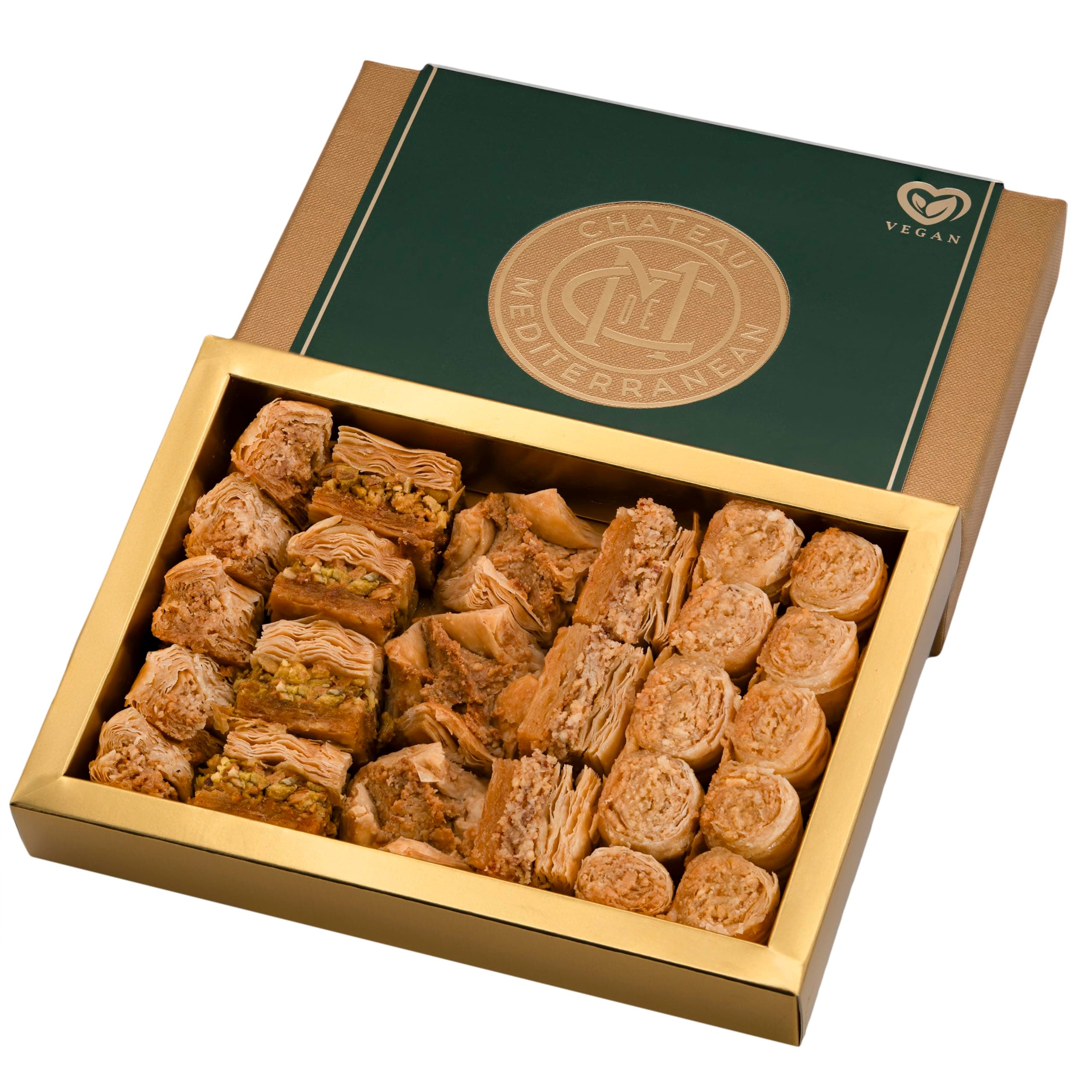 Chateau de Mediterranean Vegan Baklava Selection - 300 g | Contains Approx 24 Pieces | Delicious Filo Pastry & Assorted Nut Filling | Traditional Recipe | Beautiful Presentation Box | Great to Share