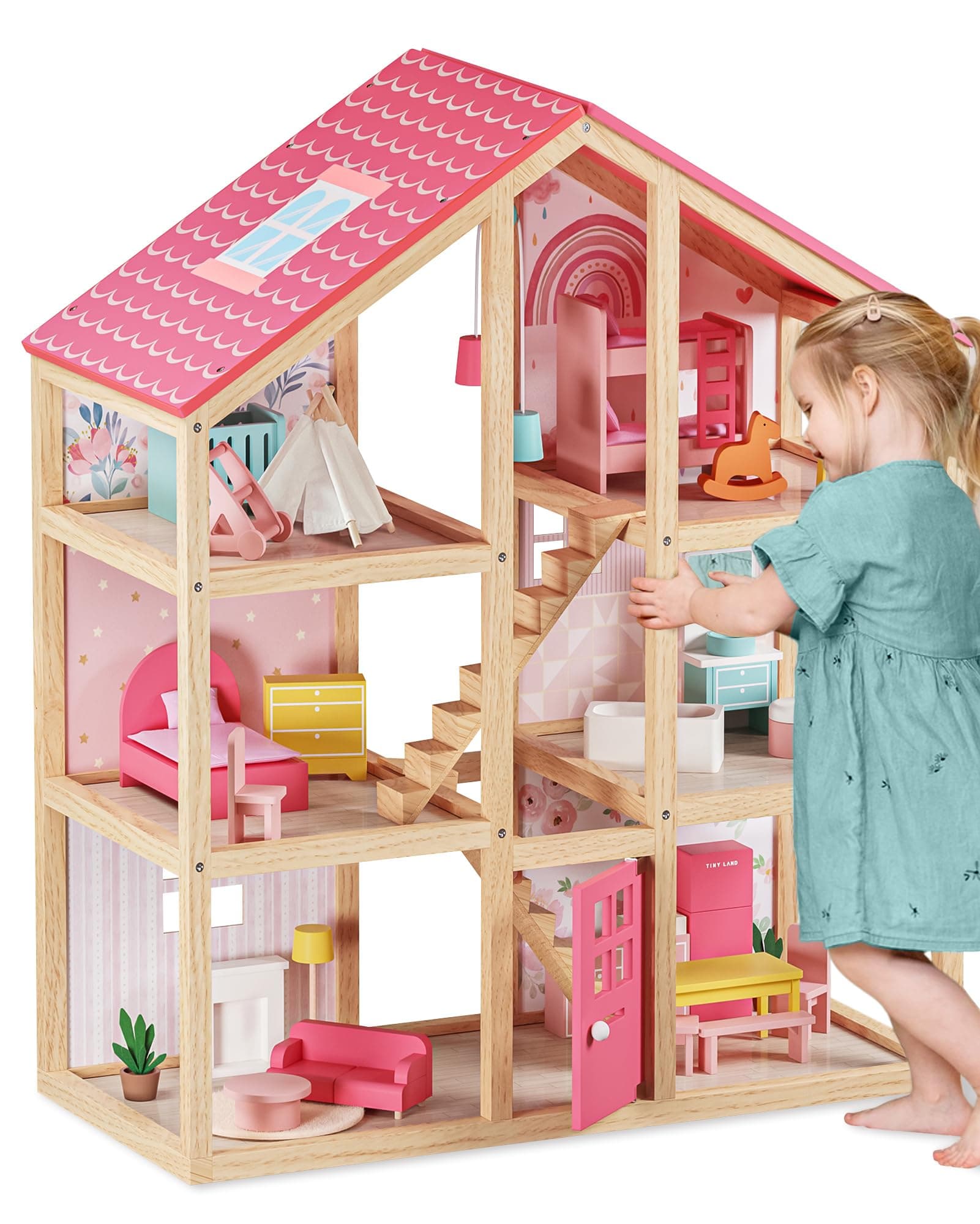 Wooden Dollhouse for Girls - 6 Rooms Wooden Doll House, DIY Pretend Dream House with 30Pcs Furniture Accessories, Gift for Girl Ages 3+