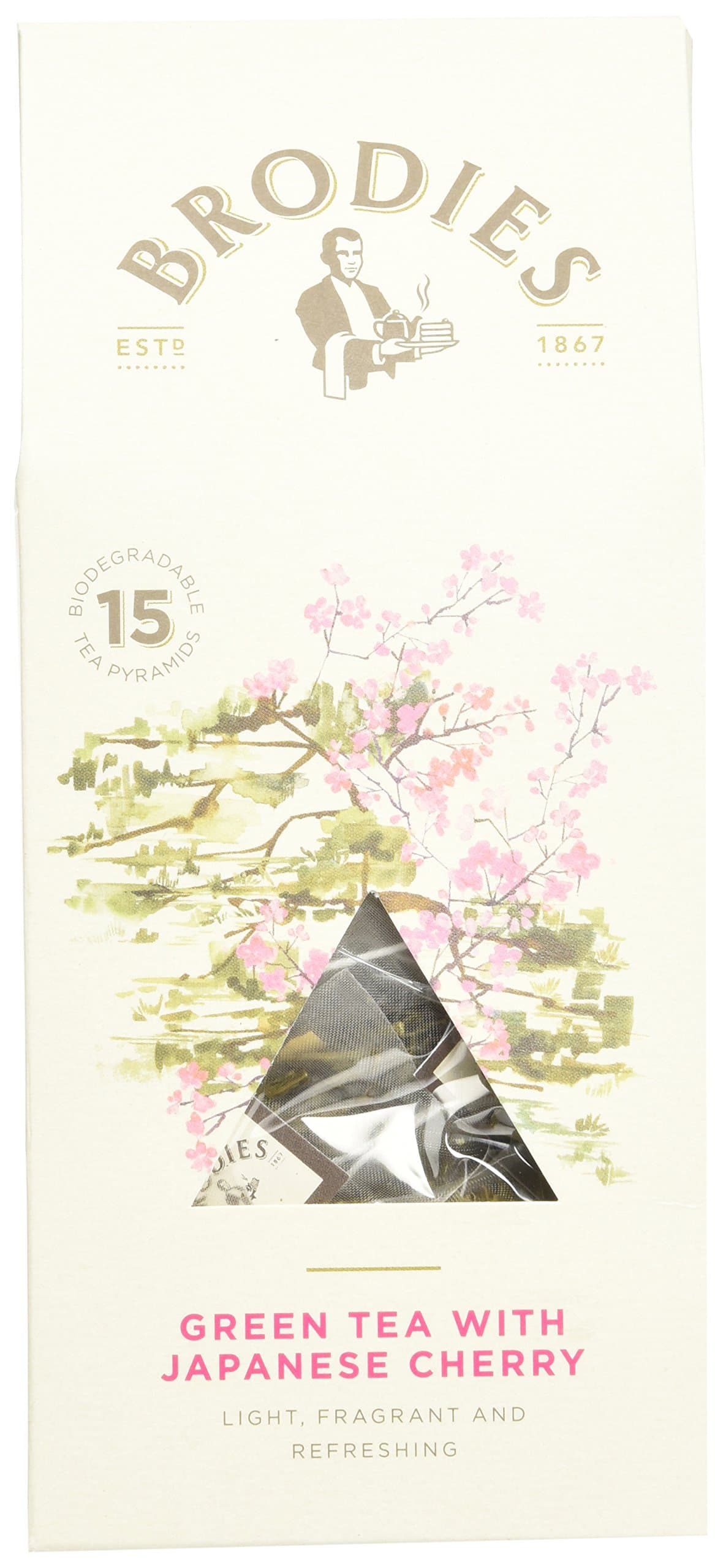 Brodies Green Tea with Japanese Cherry Pyramid Tea Bag, 1.32 Ounce