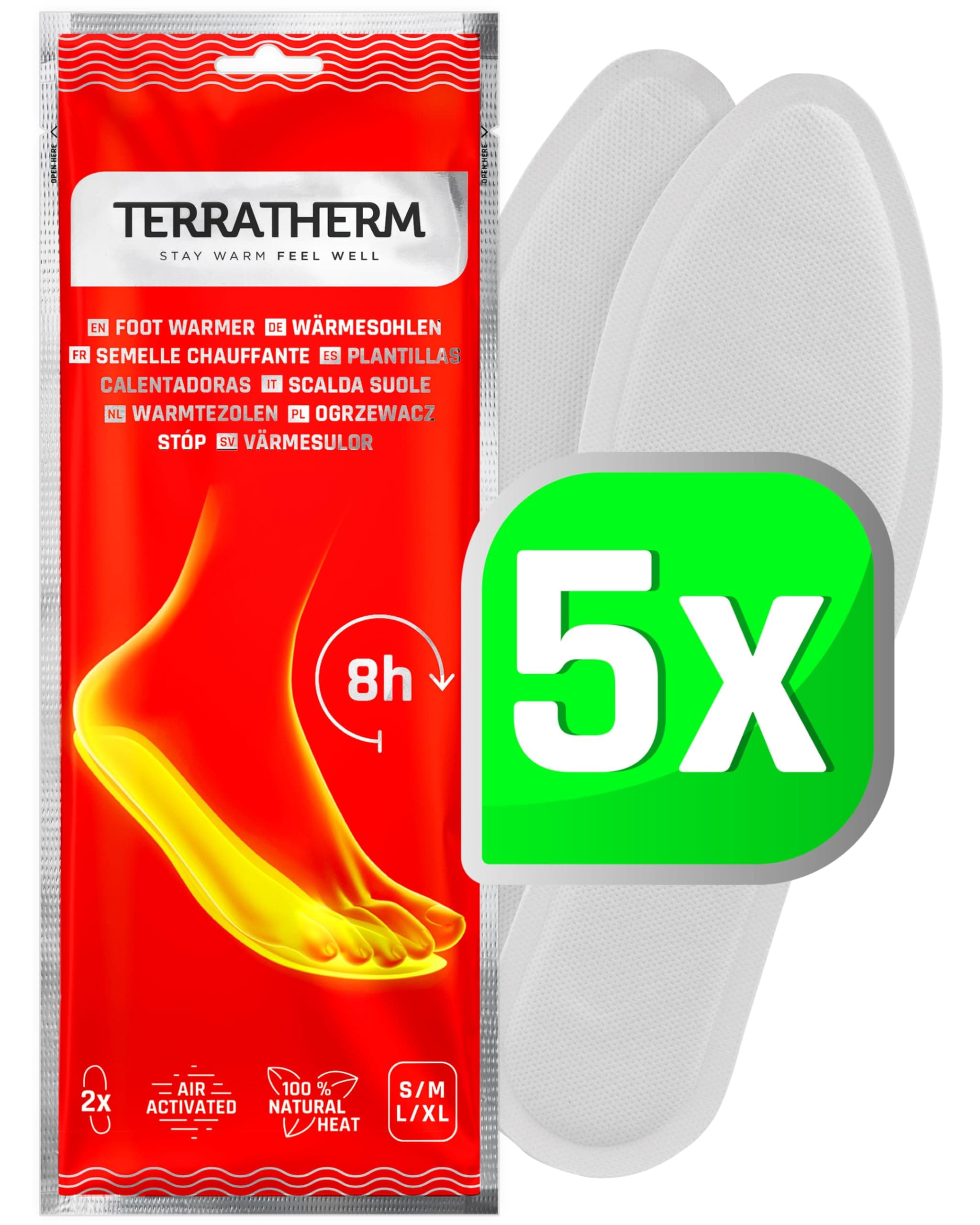 TerraTherm Insole Foot Warmers - Air Activated - 8 hours of warm feet - 5, 10 or 30 Pairs Heated Insoles - 100% natural warmth