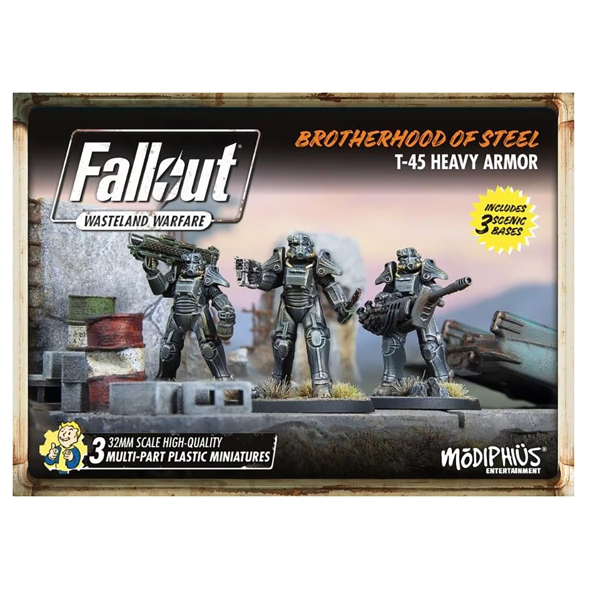 Flat River Group Fallout Wasteland Warfare: Brotherhood of Steel - Heavy Armor (T45) - 3 Miniatures, 32mm Unpainted Figures