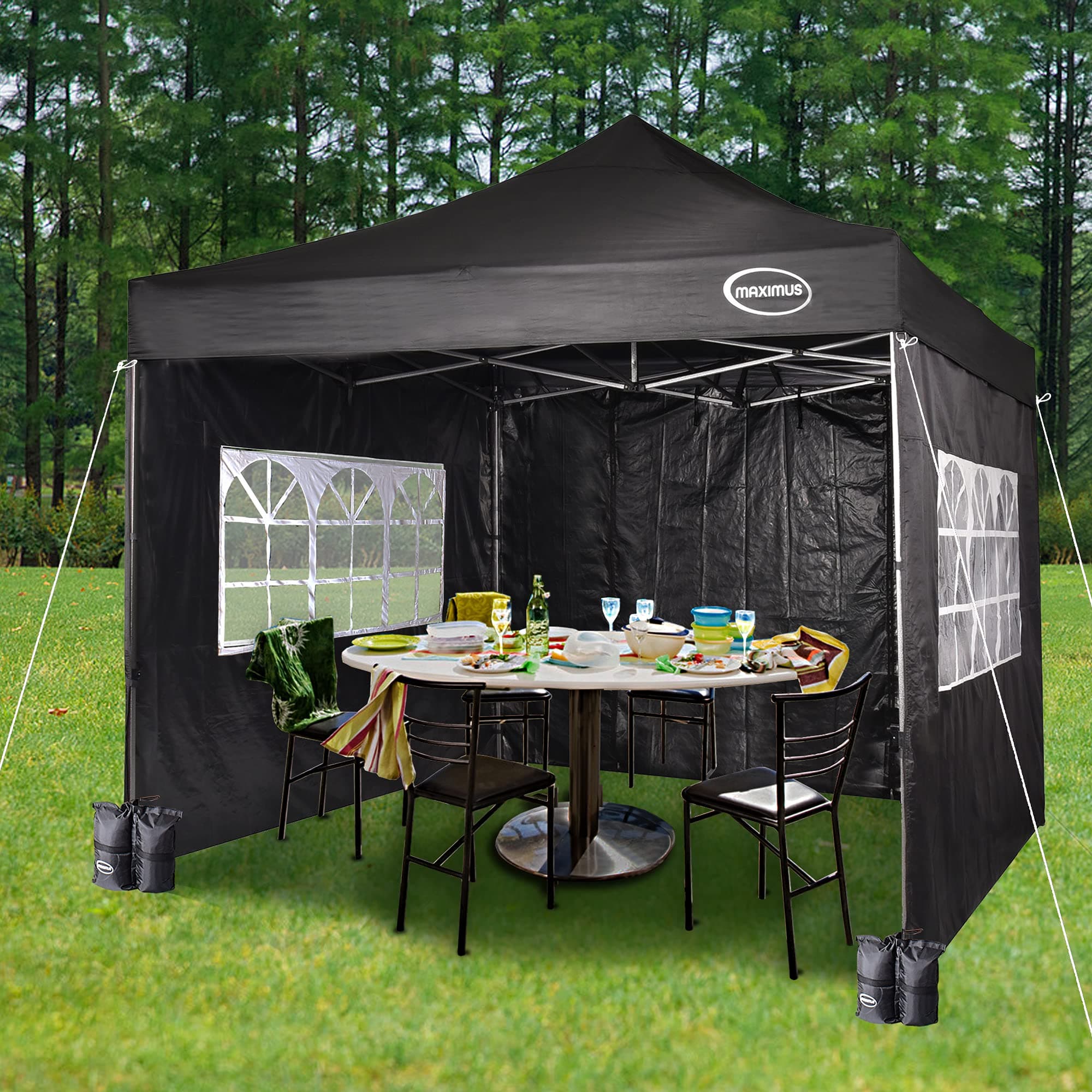 MAXIMUS HEAVY DUTY POP UP GAZEBO 3m x 3m COMMERCIAL MARKET STALL WITH 4 WEIGHT BAGS (4 Walls, Black)