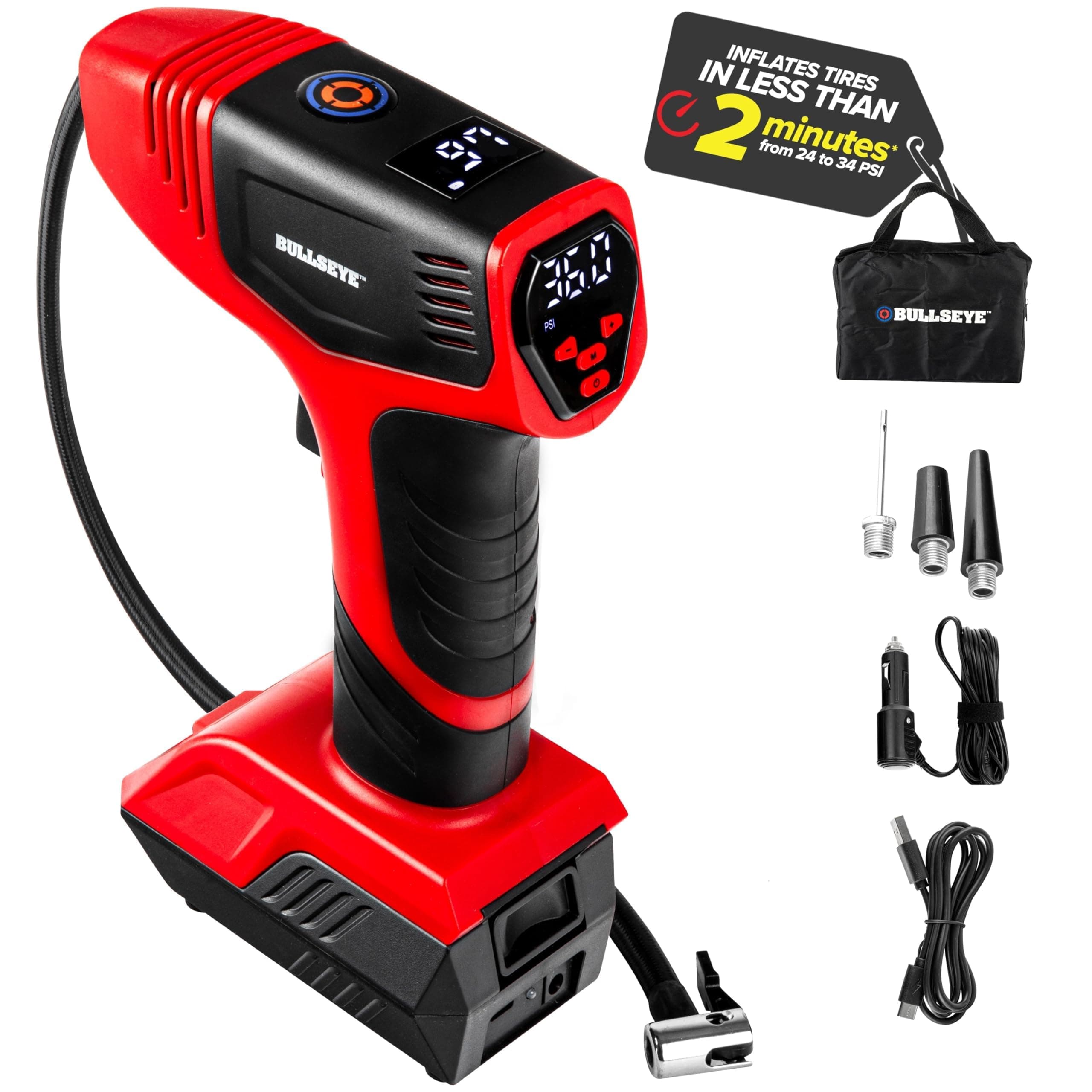 Bullseye Pro Car Tyre Inflator Air Compressor Portable 150 PSI Car Tyre Pump with Gauge Display Screen & Built in LED Lights, Rechargeable Digital Tyre Inflator/Electric Tyre Pumps for Cars/Bikes