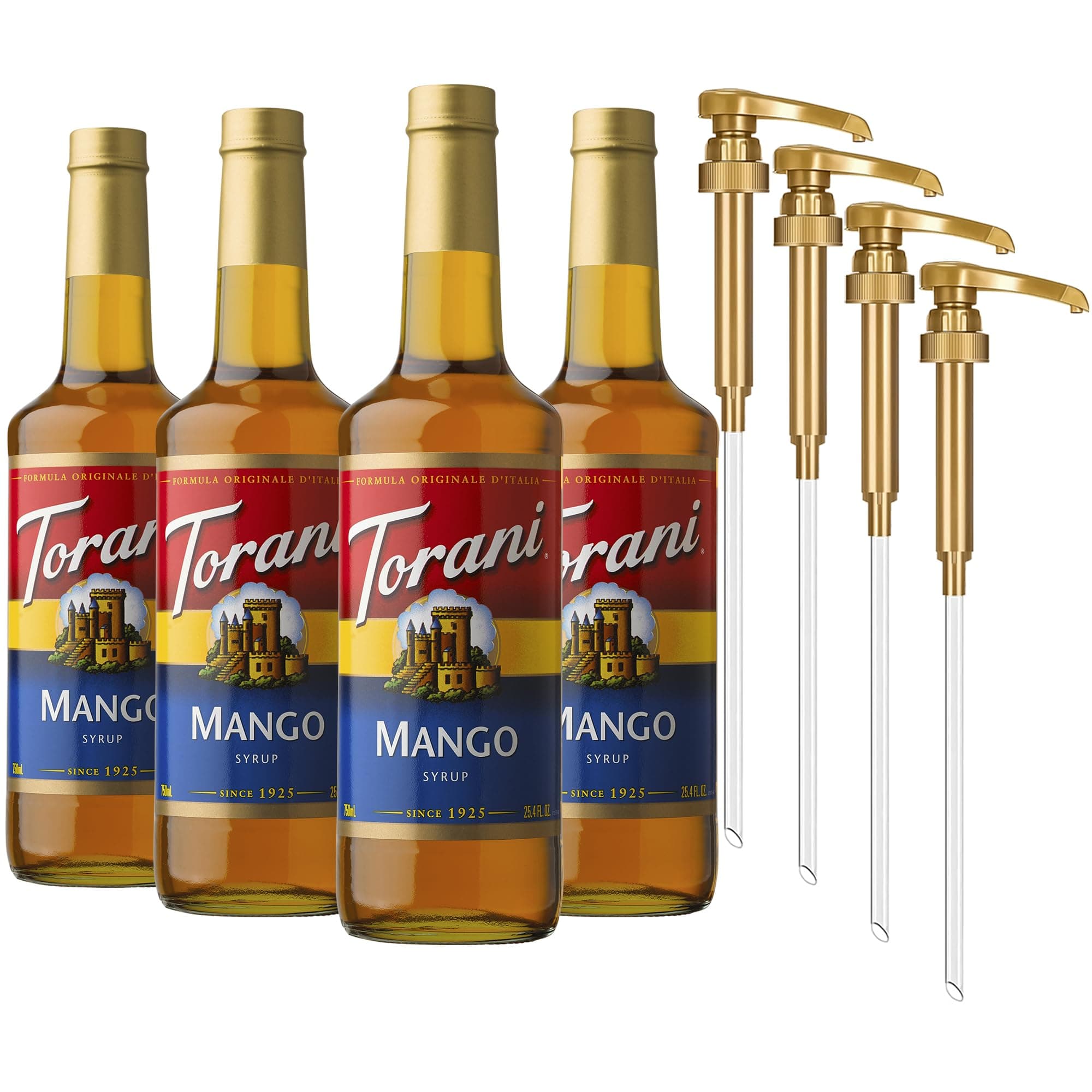 Mango Syrup for Drinks, Flavoring for Iced Tea, Lemonade, and Sodas, Glass Bottle 4-Pack with Pumps Included, 25.4 Fl Oz