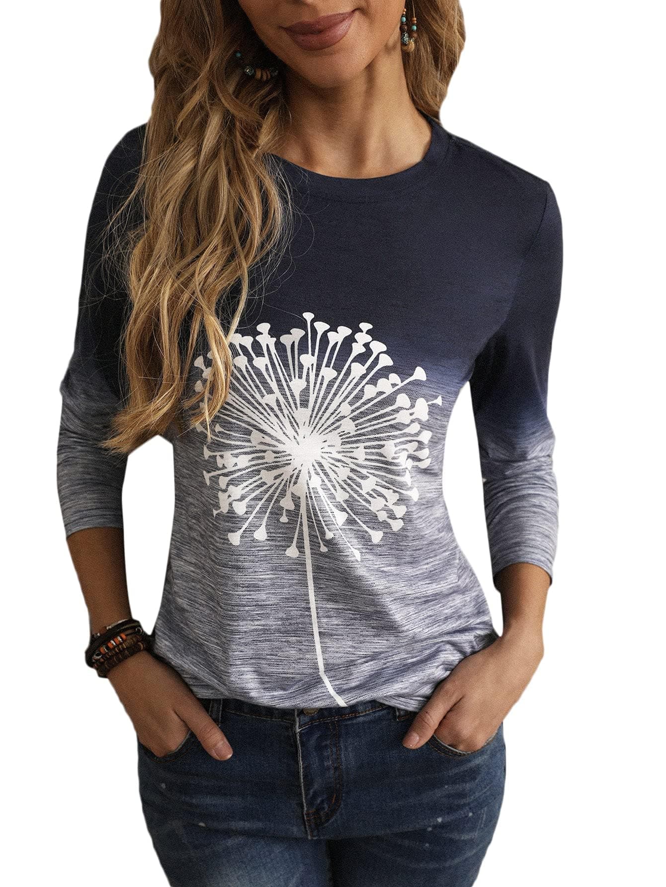 Women's Long Sleeve Shirts Graphic Print Tees Casual Round Neck T Shirts