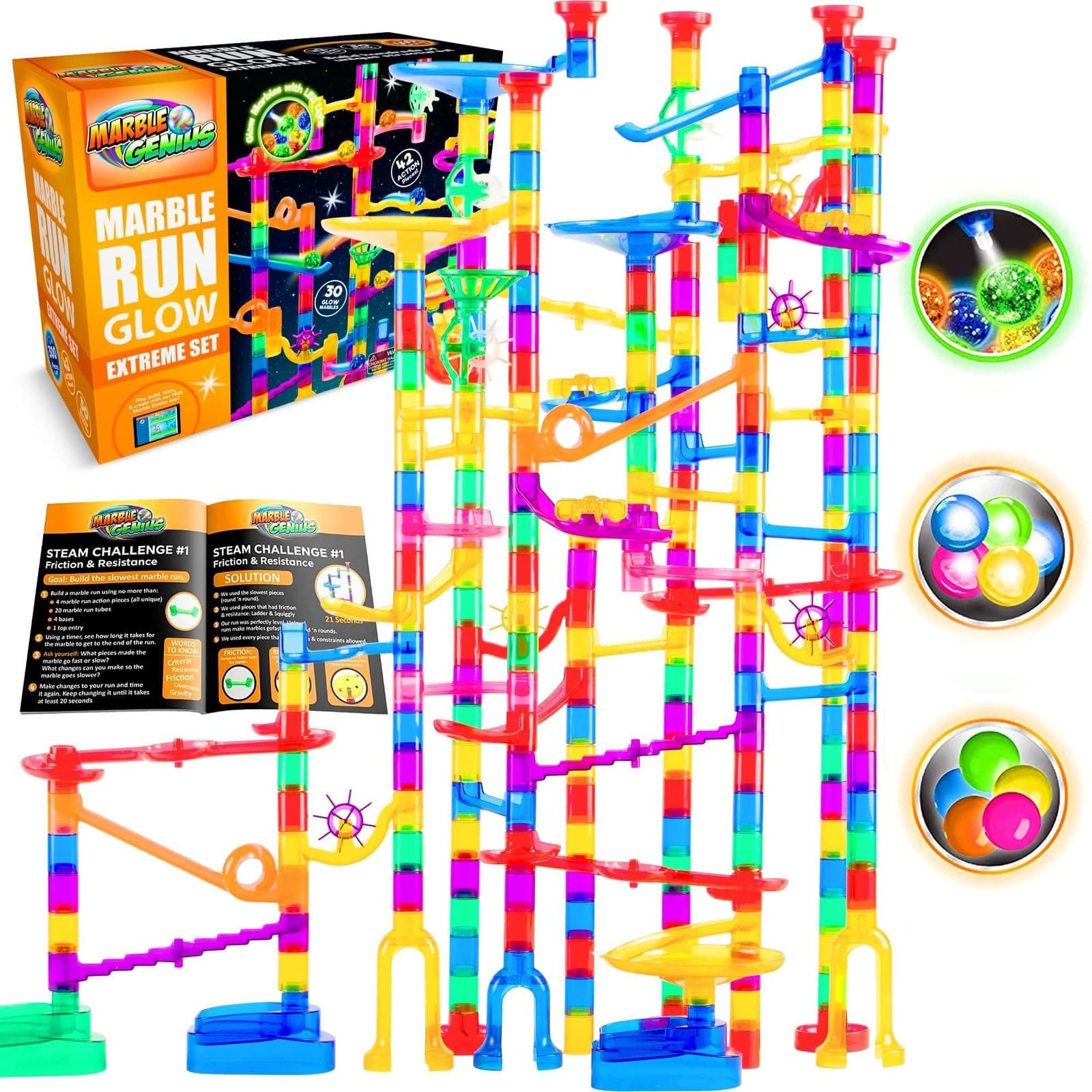 300 pcs Glow Marble Run Track Race Extreme Set for Kids Age 4+, Glow in The Dark, STEM Educational Building Block, Color Instruction Manual, Christmas & Thanskgiving Gifts for Kids