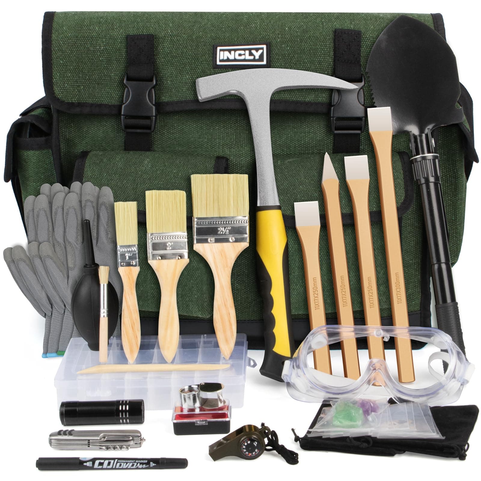 INCLY 26PCS Upgrade Geology Rock Pick Hammer Kit, 33.8 oz Hammer & 4 PCS Digging Chisels Set for Rock Hounding, Gold Mining & Prospecting Equipment Tool Shovel Musette Bag, Compass, Whistle, Brushes
