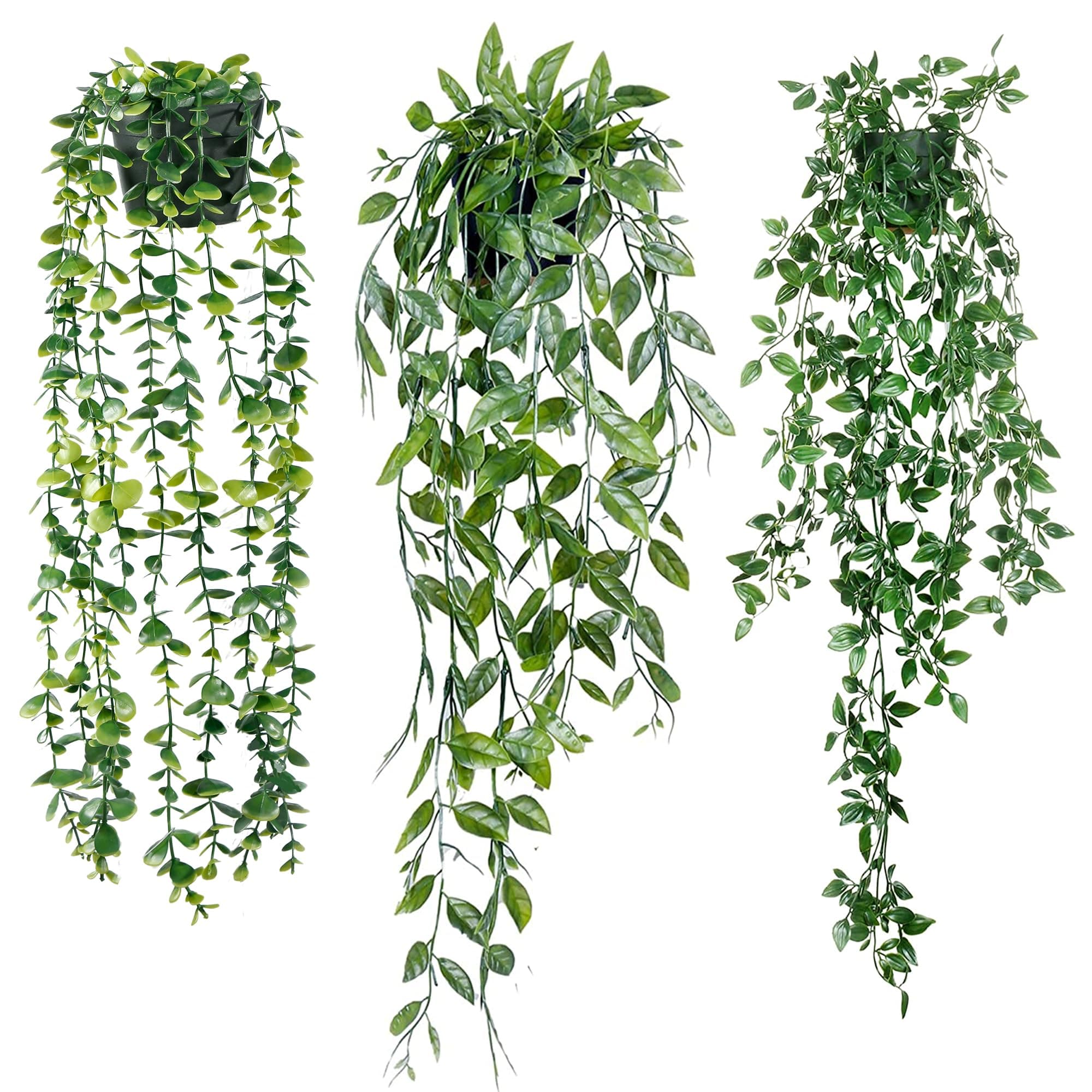 Sggvecsy Fake Hanging Plants 3 Pack Artificial Eucalyptus Fake Potted Greenery Faux Eucalyptus Mandala Vine Pea Pod for Home Indoor Outdoor Wall Garden Wedding Decor