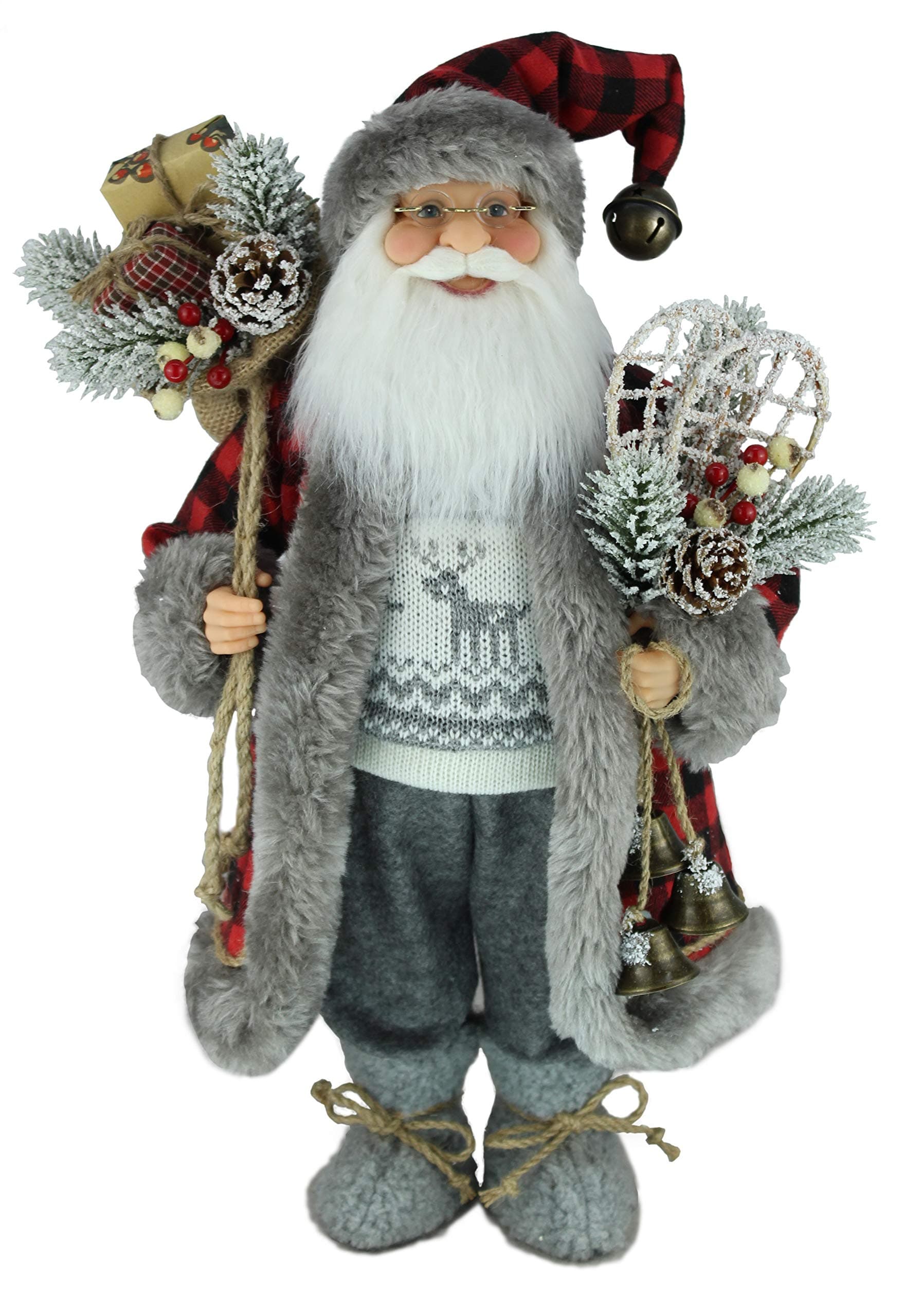 Windy Hill Collection16" Inch Standing Buffalo Plaid Grey Reindeer Sweater Santa Claus Christmas Figurine Figure Decoration 169090