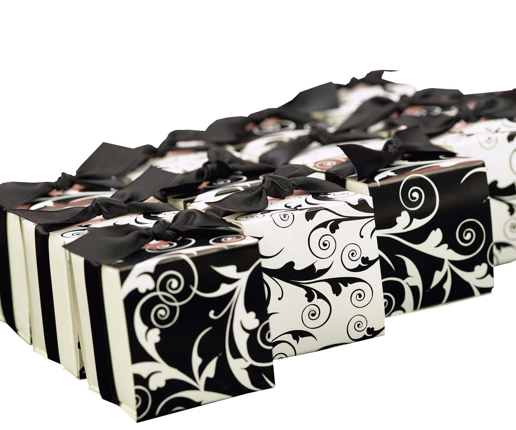 Hortense B. Hewitt Wedding Accessories, Favor Boxes with Reversible Black and White Flourish Wrap, 2-Inches Square, Pack Candleage of 25