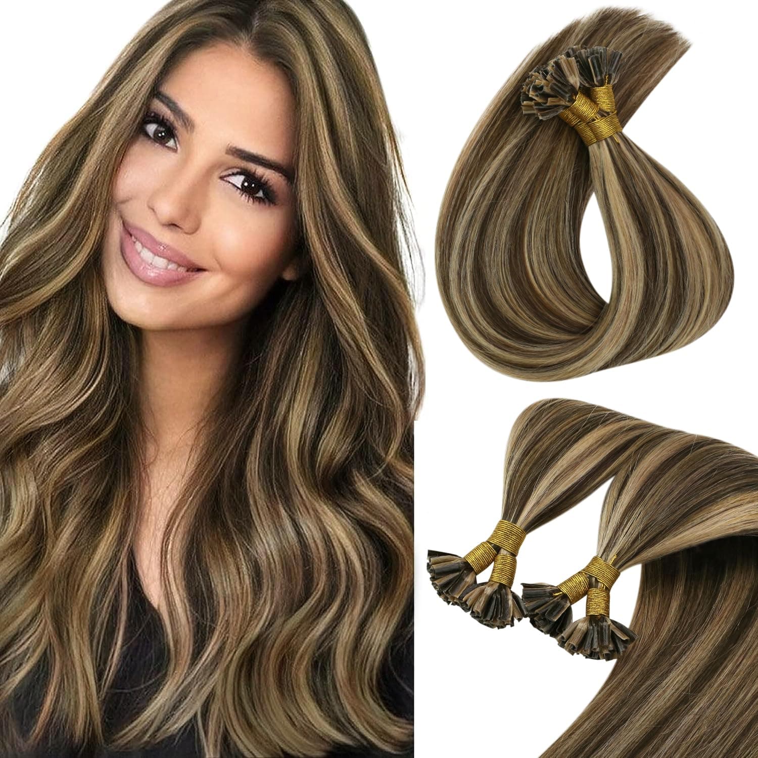 Sunny U Tip Hair Extensions Brown U Tip Hair Extensions Human Hair Dark Brown Highlight Caramel Blonde U Tips Real Hair Extensions Brown Highlight Keratin Hair Extensions Long Straight Hair 50g 24in