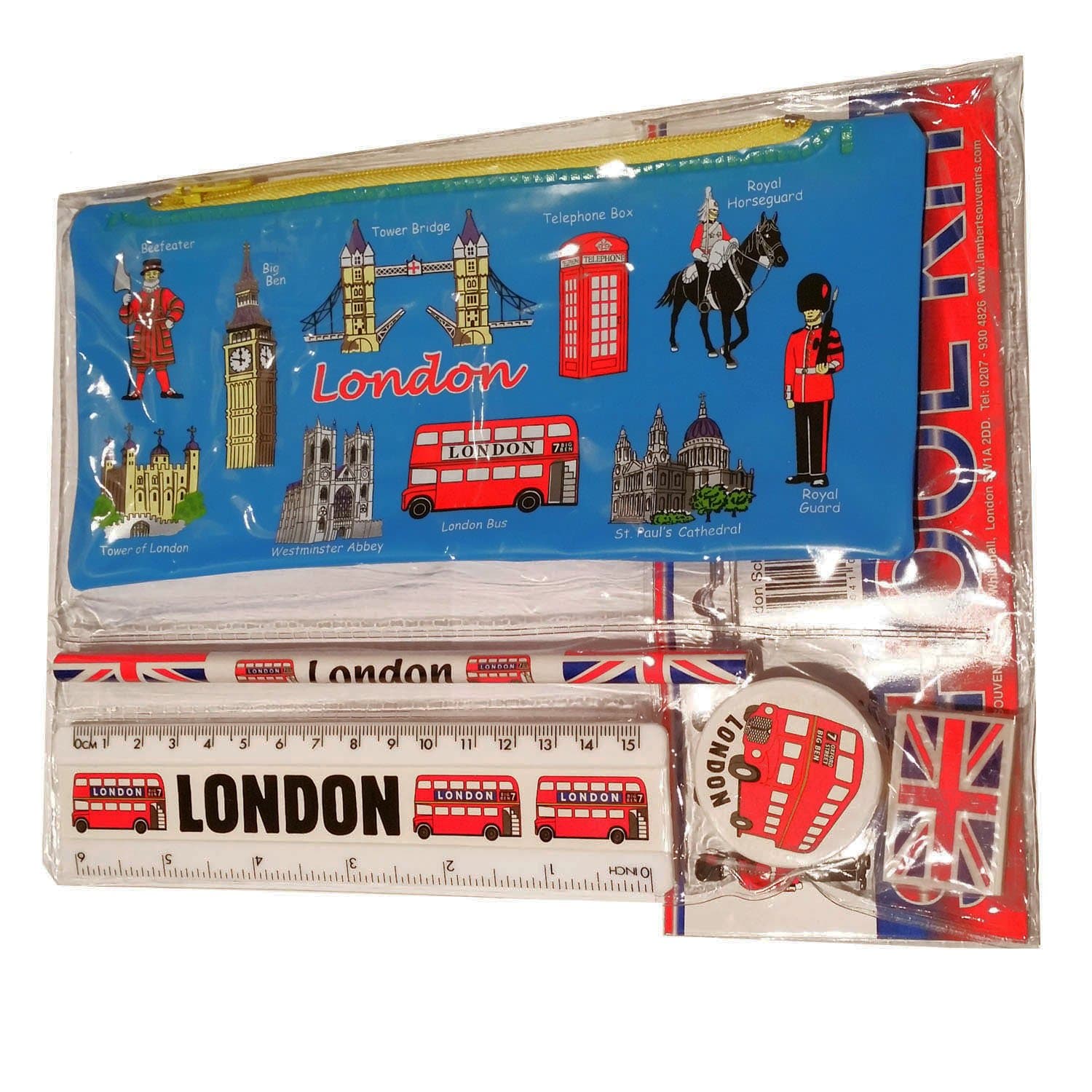London Souvenir Pencil Case with Stationery: Sharpener, Eraser, Ruler - Multifunctional Storage Pouch for Students, Girls, Boys - Gift Set