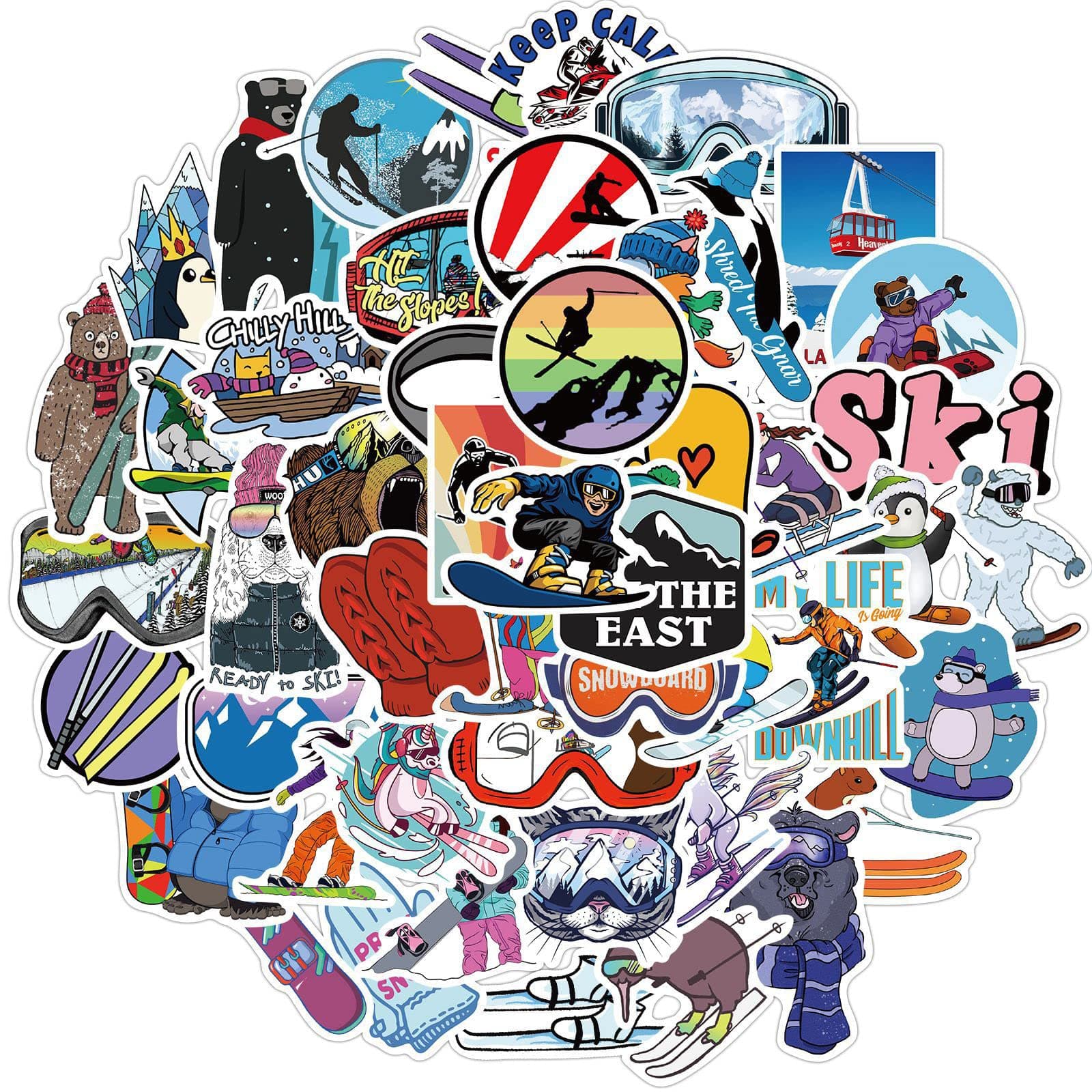50PCS Winter Skiing Stickers,Ski Cartoon Decals Vinyl Waterproof Stickers for Water Bottle Laptop Luggage Helmet Skateboard Snowboard Guitar Scrapbook Phone Gifts for Teens Girls Kids Adult