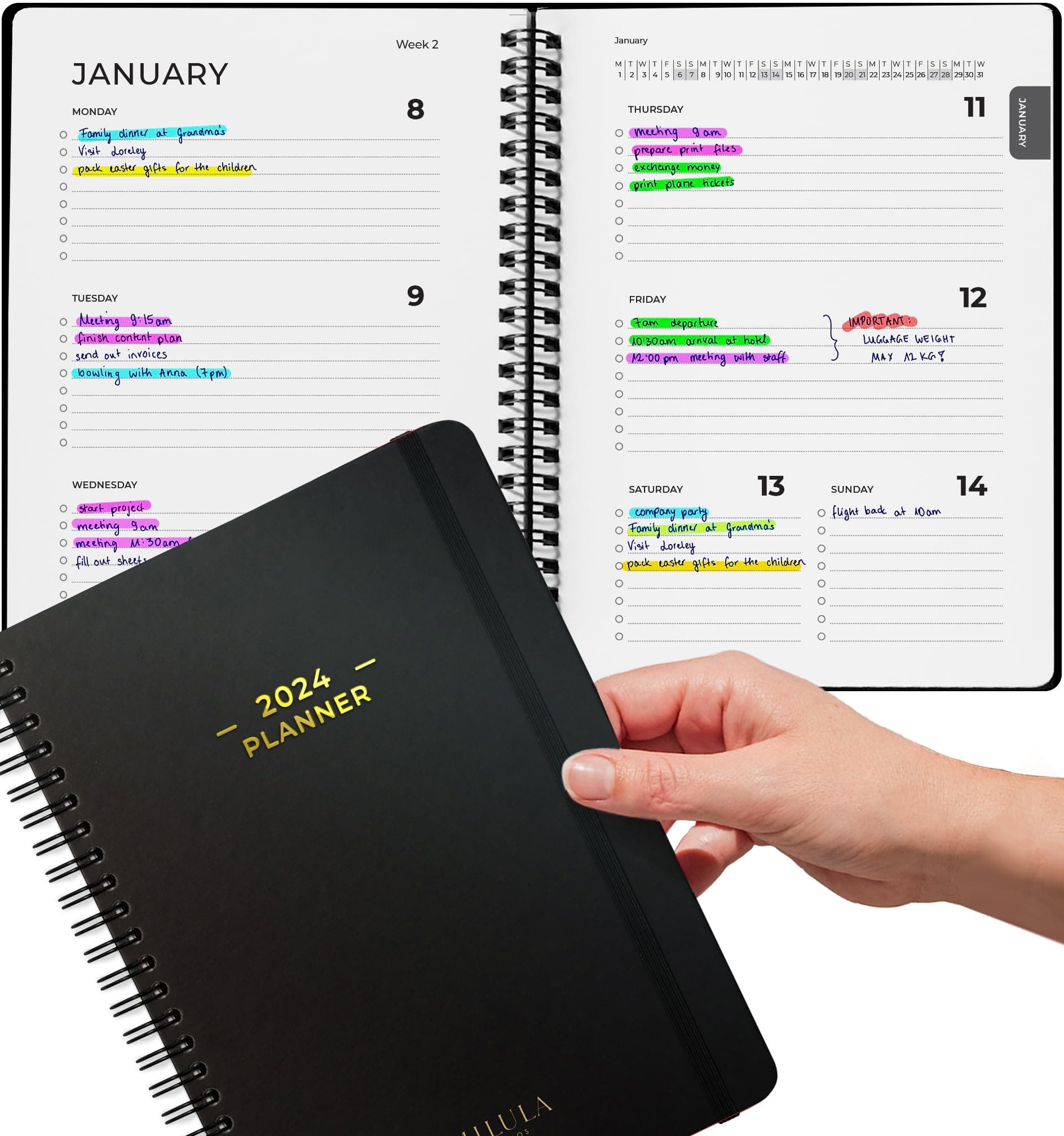 Milula Studios 2024 Diary A5 Week to View Planner | Minimalist Diary 2024 | Weekly Planner A5 Size | Work & Personal Organization | Work Diary & Planner| Appointment Calendar 2024, Black Gold