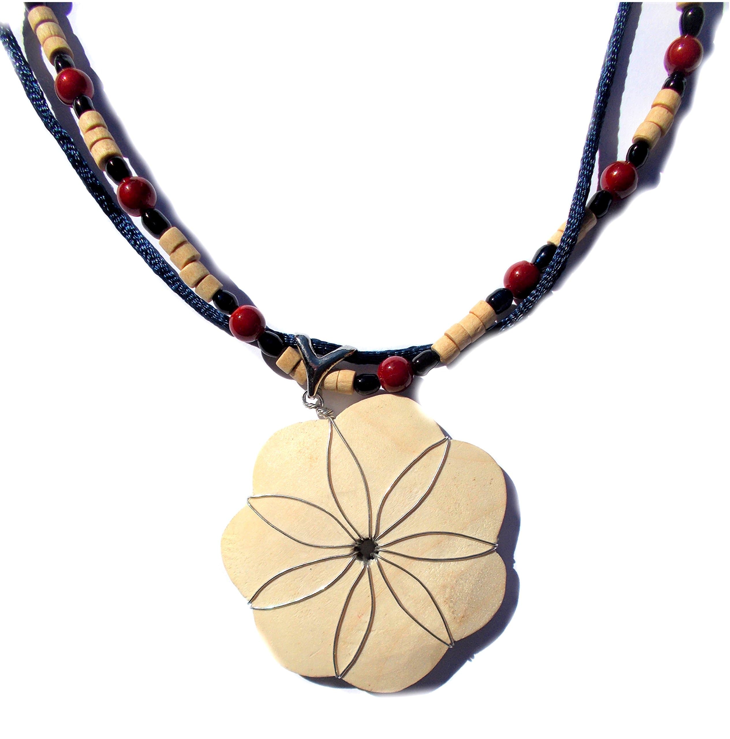 Coldwater Creek18" Necklace - Wood, Beads, & Silver Wrapped Flower