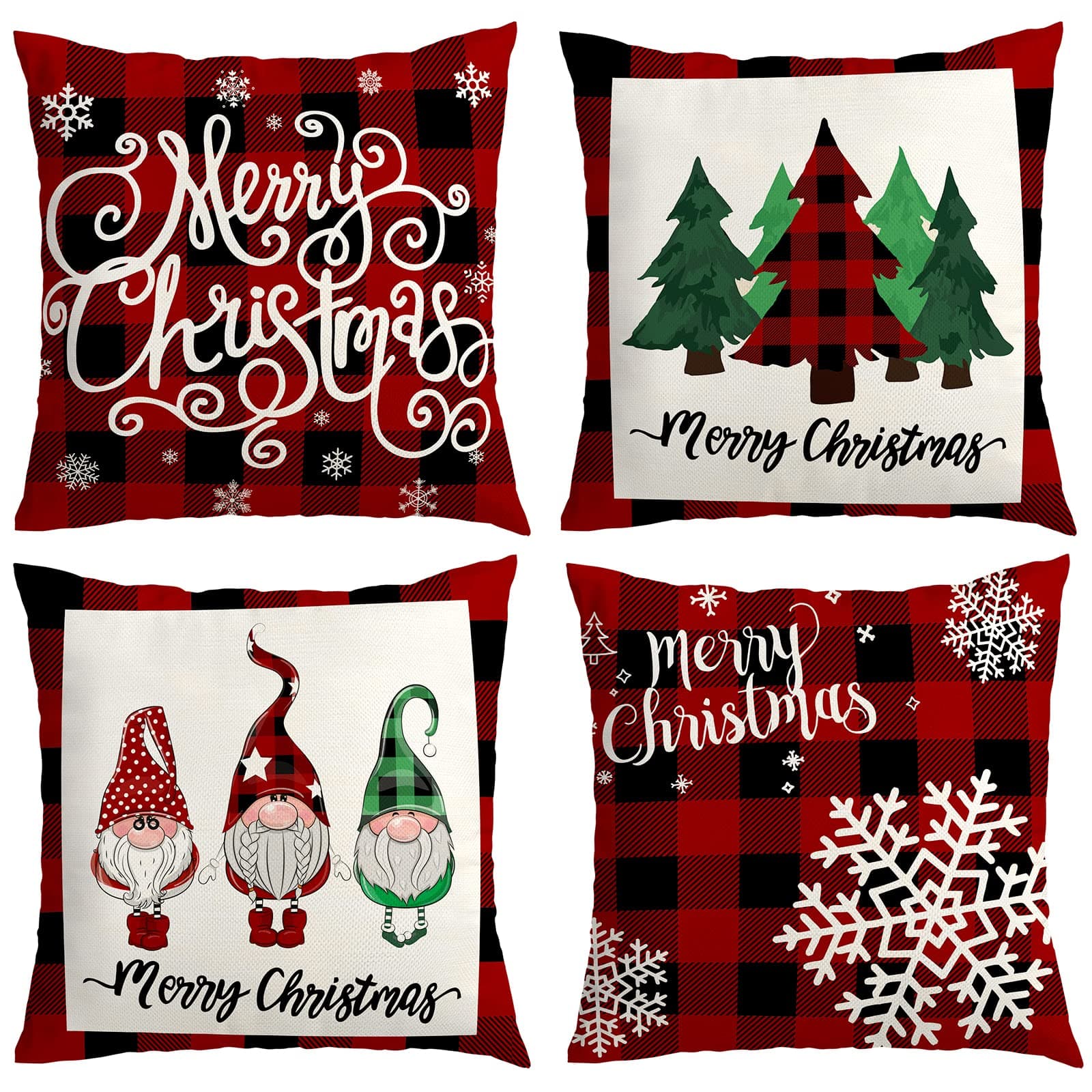 Christmas Decorations Pillow Covers 18x18 inch Set of 4 Christmas Decor Pillow Covers for Sofa Couch Buffalo Check Plaid Xmas Tree Snowflake Dwarf Christmas Decorations Clearance Indoor Outdoor