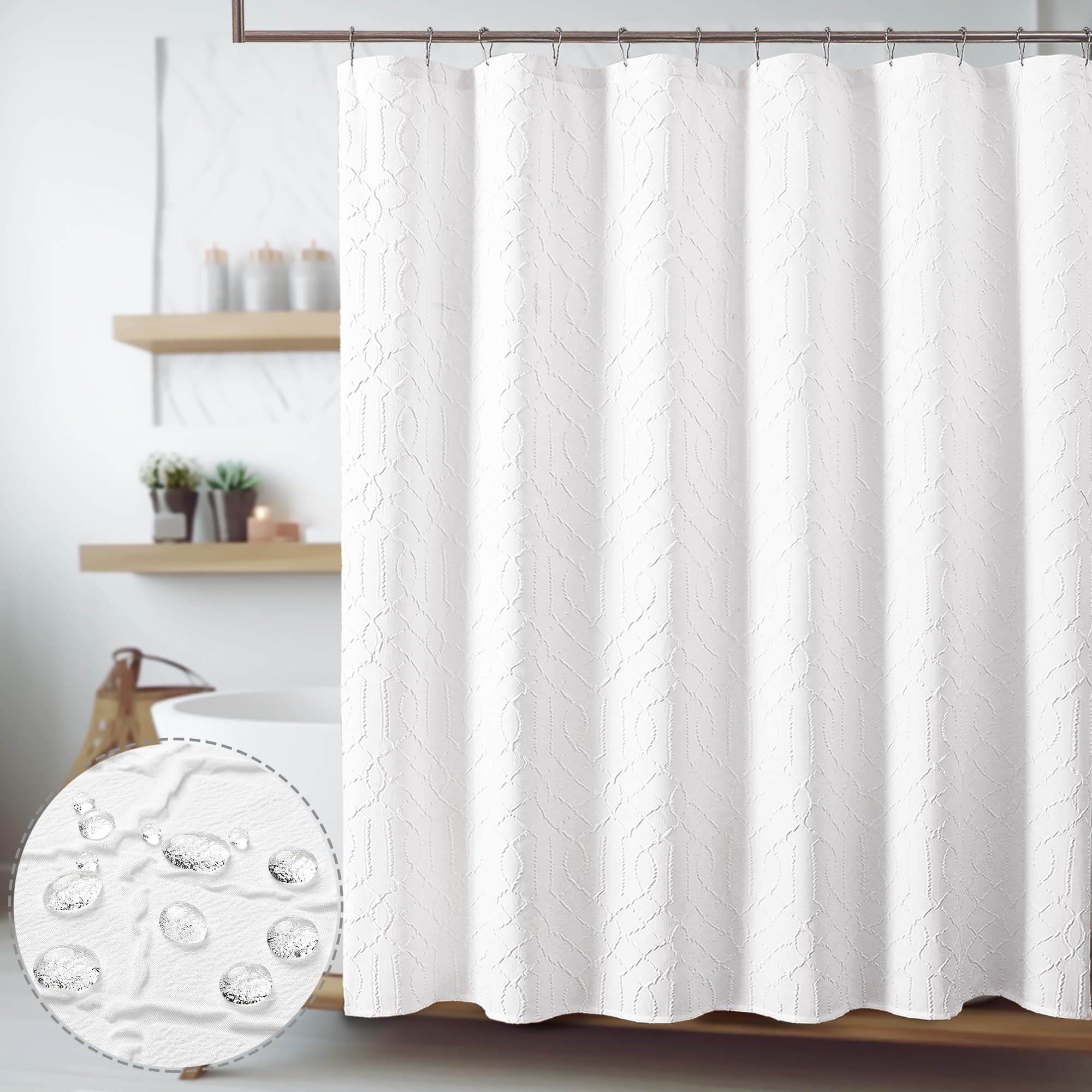 OWENIE White Shower Curtain, 84 Inches Long White Shower Curtains for Bathroom, Waterproof Textured Fabric Bathroom Curtain, Elegant Modern Luxury Hotel Style Design, 72" W x 84" L