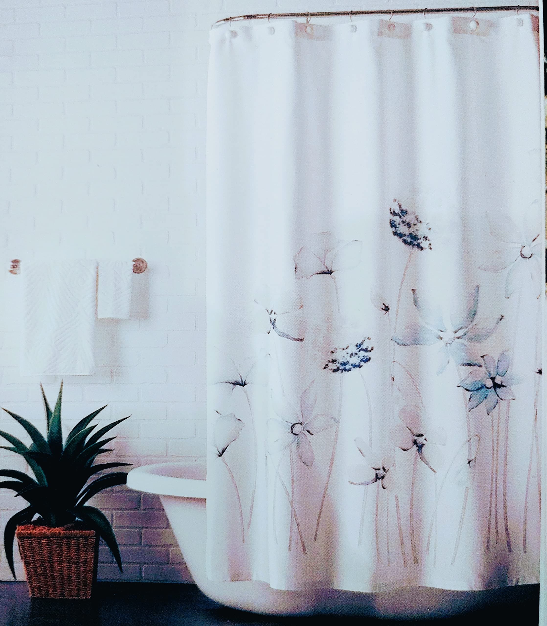 Beau Monde Beautiful Bath Collection Shower Curtain, Green/Blue Flowers on a White Background