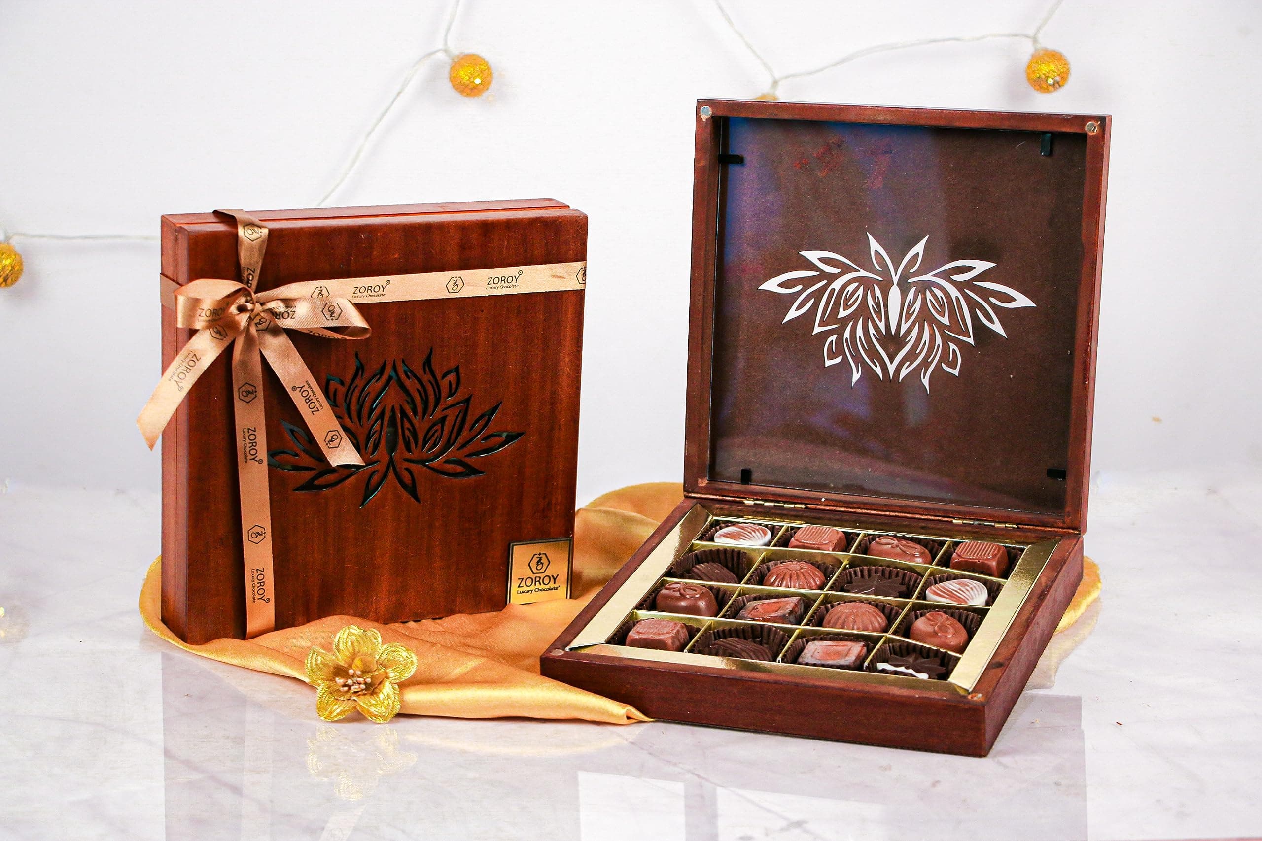 ZOROY Luxury Chocolate Lotus Laser Wooden Gift Box Of 9 Assorted Milk & Dark Chocolates - 99gms For Diwali Corporate Festive Birthday wedding Anniversary Online Gifts Combo Pack