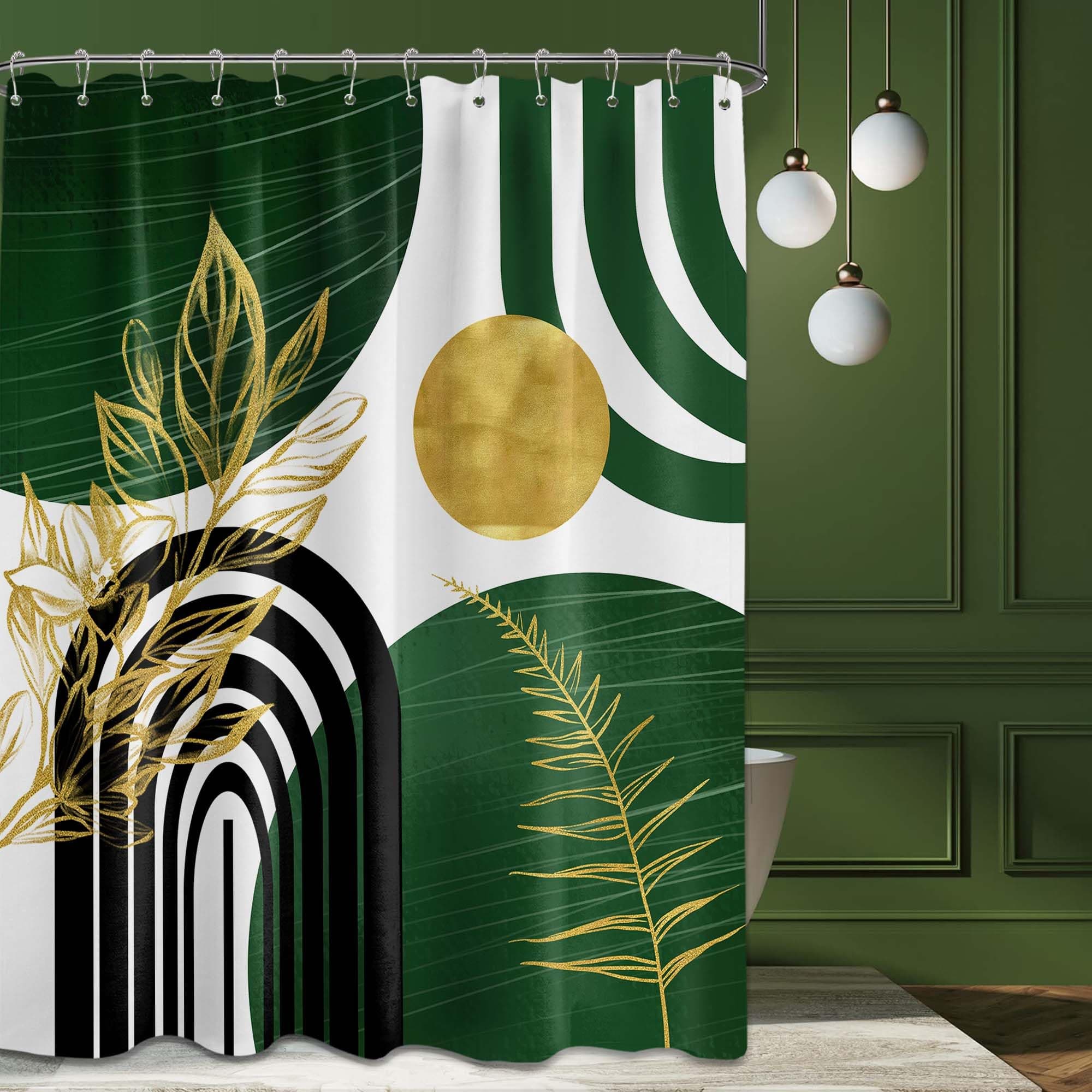 Olive Green and Gold Shower Curtain Boho Mid Century Modern Hunter Green Shower Curtains for Bathroom Decor Sets, Waterproof Cloth Fabric with Hooks 70x72in