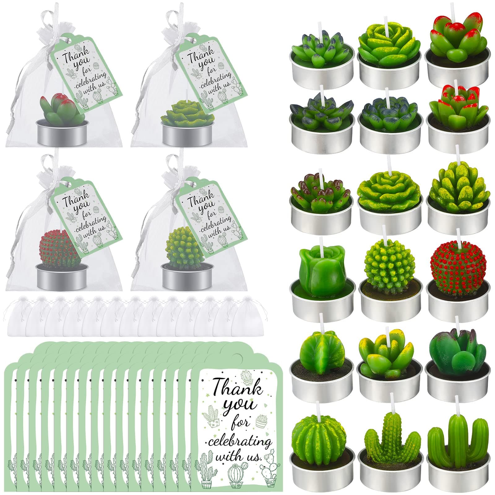 Lounsweer 18 Pcs Succulent Cactus Candles Bulk Candle Scented Tealight Candles Succulent Decorative Tealights 20 Thank You Gift Tag 20 Organza Bags for Gifts Party Favors Baby Shower(Green Card)