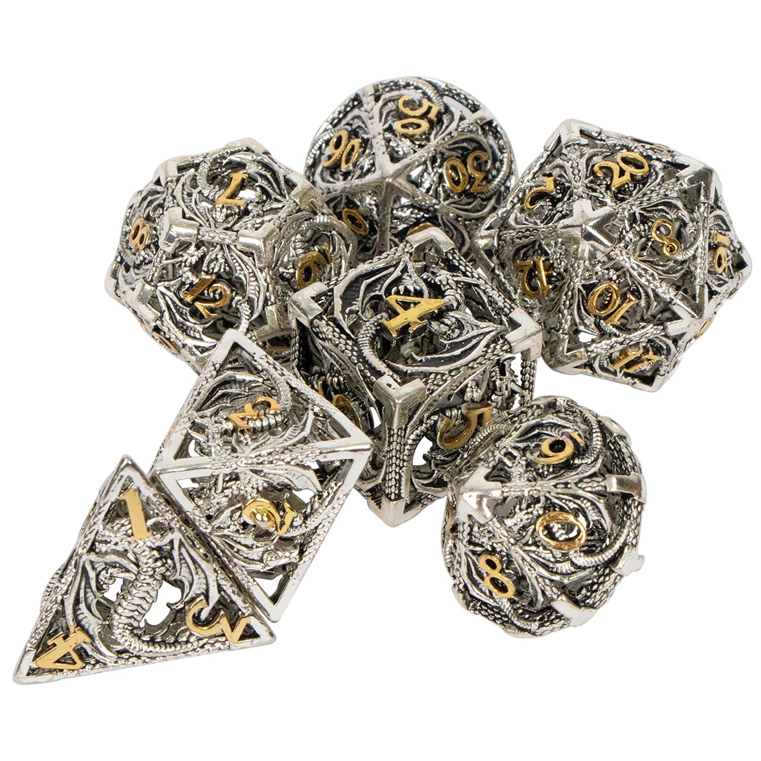 Dungeon and Dragons Dice DND Dice Set, RUNFNG Lightweight Hollow Metal Polyhedral Dice Set with D20 D12 D10 D8 D6 D4, 7pcs White RPG Role Playing Game D&D Dice Set with Gift Box MTG, Pathfinder